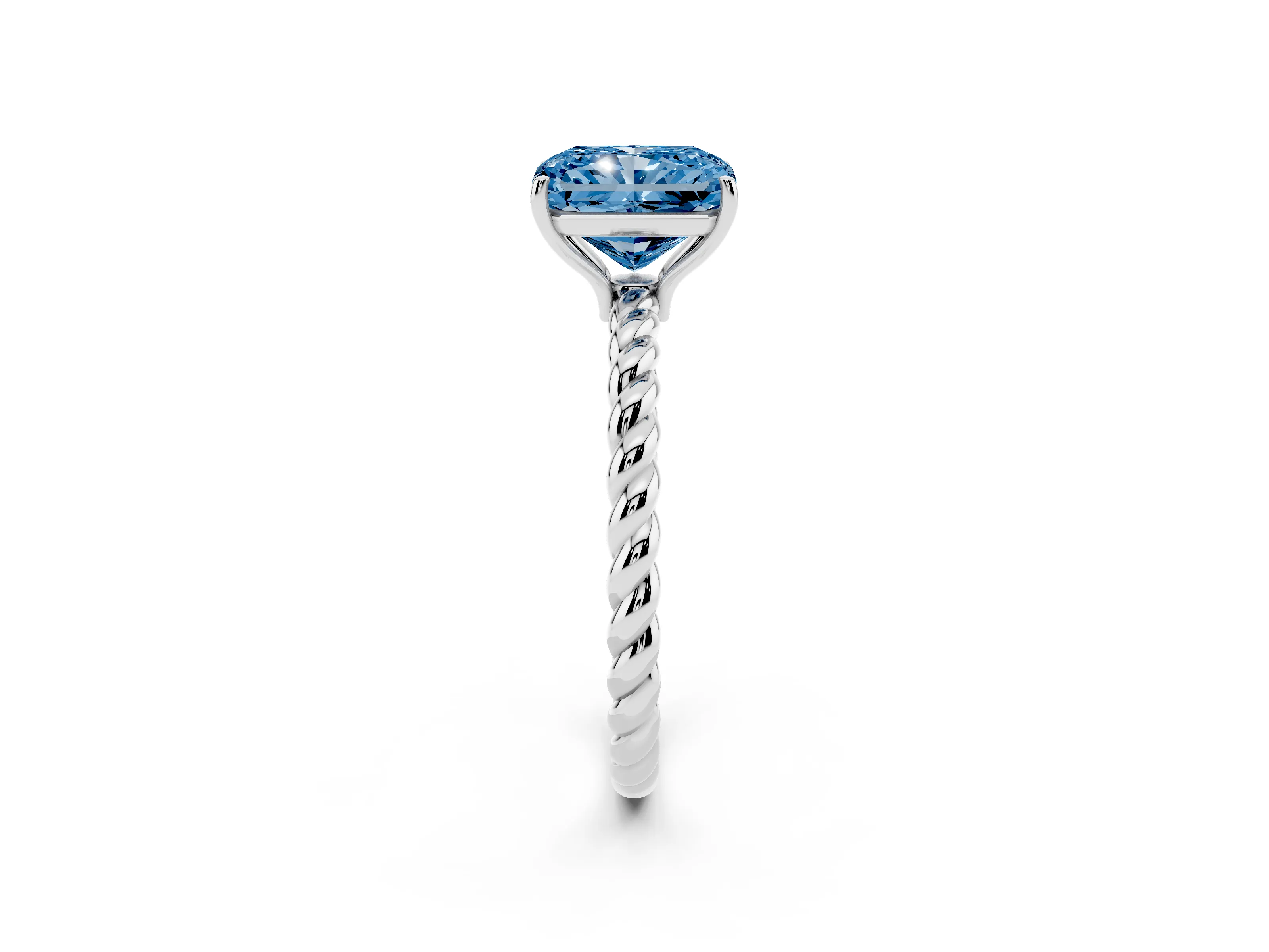 Fancy Blue Radiant Cut Diamond Solitaire Ring Set in White gold with Twist Band and Prong Setting
