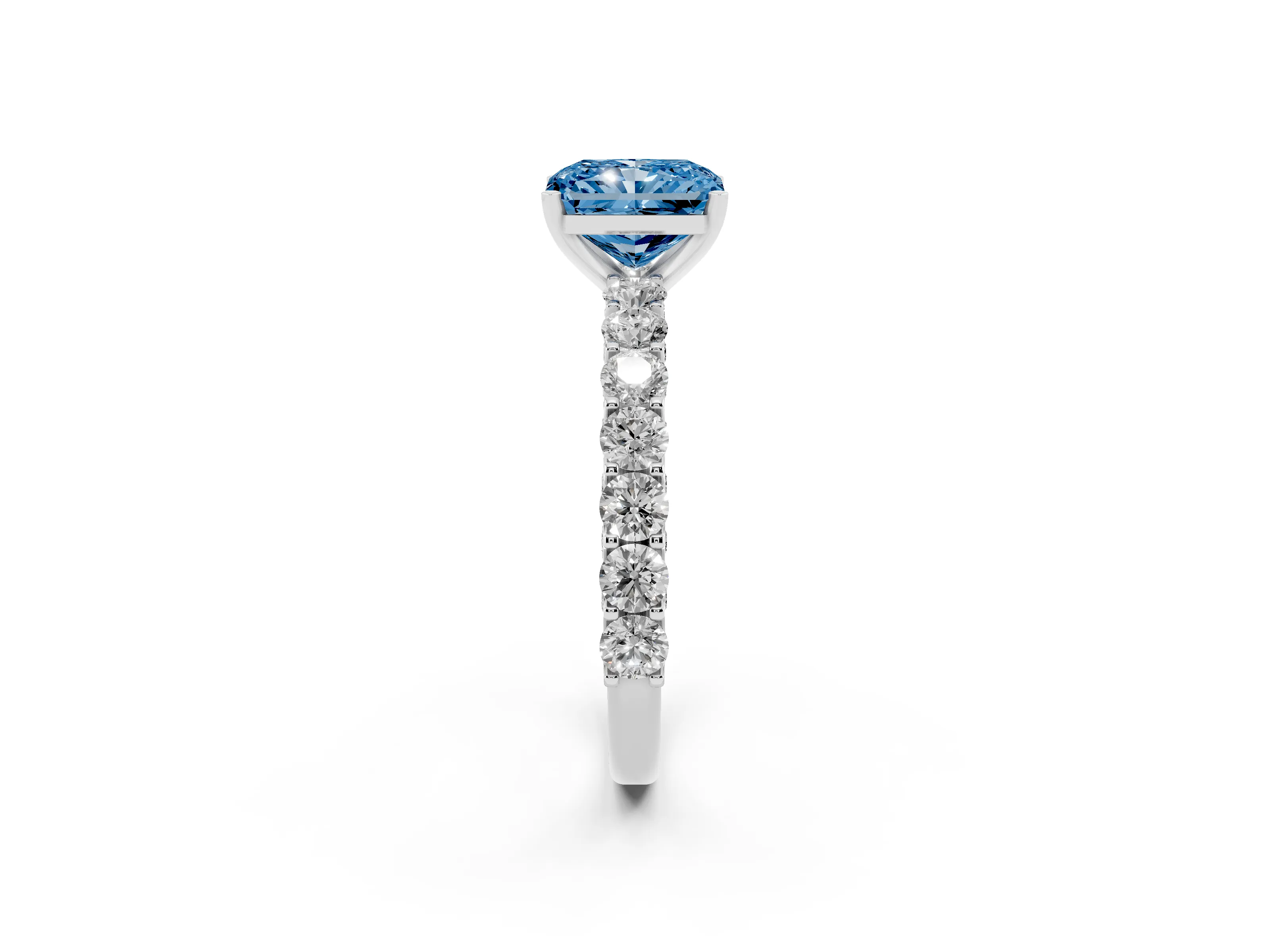 Fancy Blue Radiant Cut Diamond Solitaire Ring Set in Platinum with Shared Prong Pavé Band