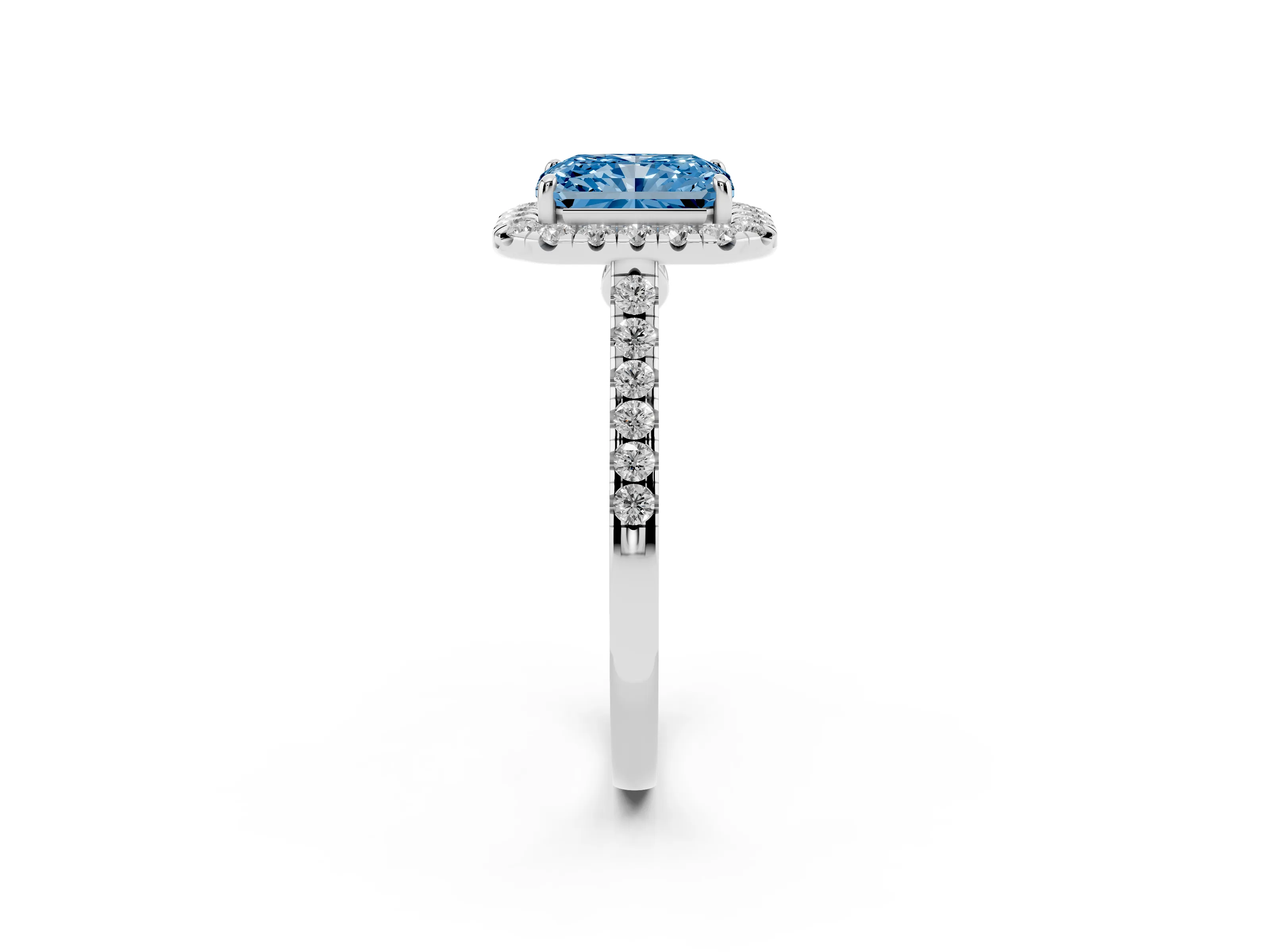 Fancy Blue Radiant Cut Diamond Halo Pavé Engagement Ring Set in Platinum with Prong Setting