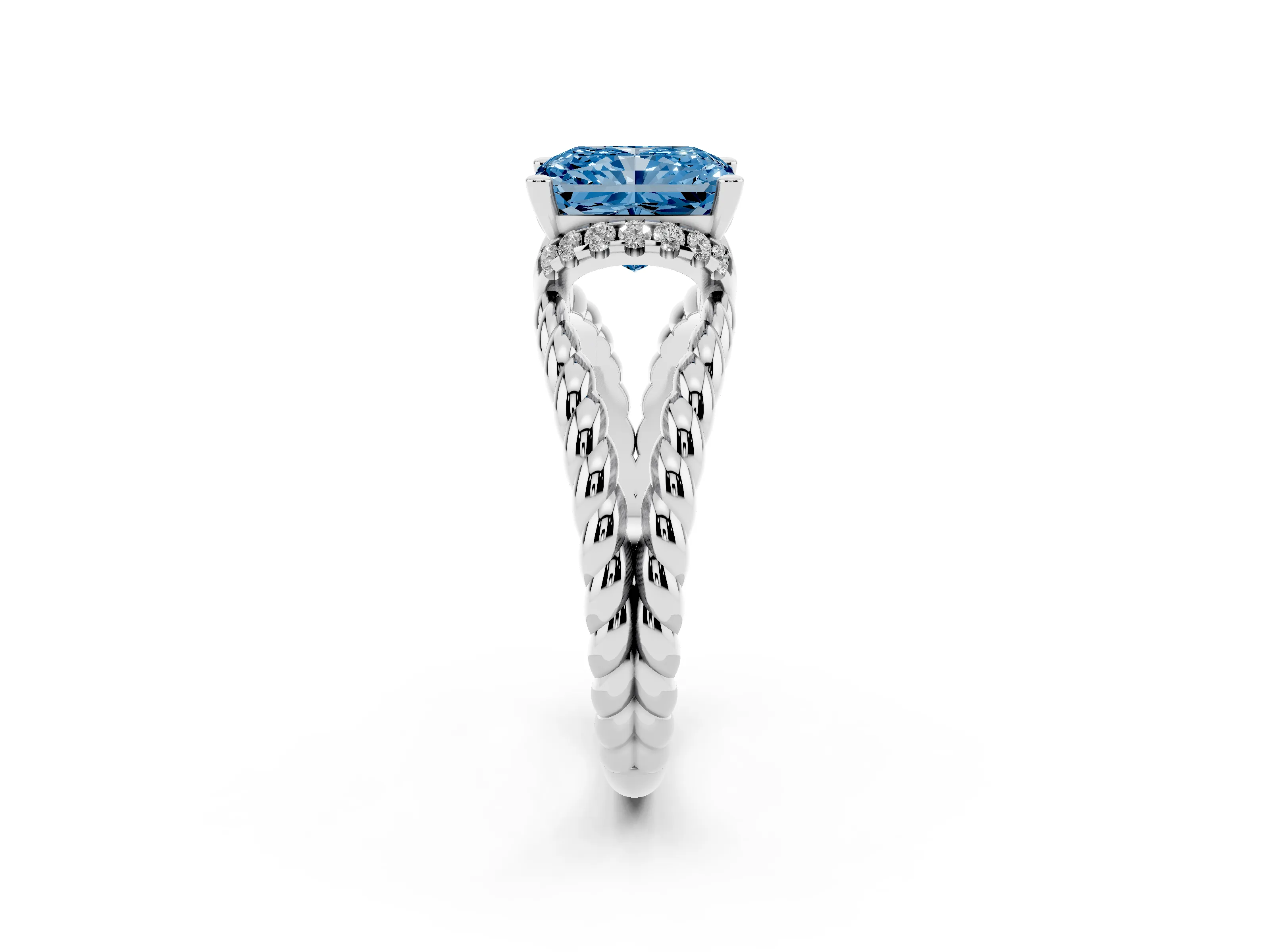 Fancy Blue Radiant Cut Diamond Halo Ring Set in White gold with Twisted Band and Prong Setting