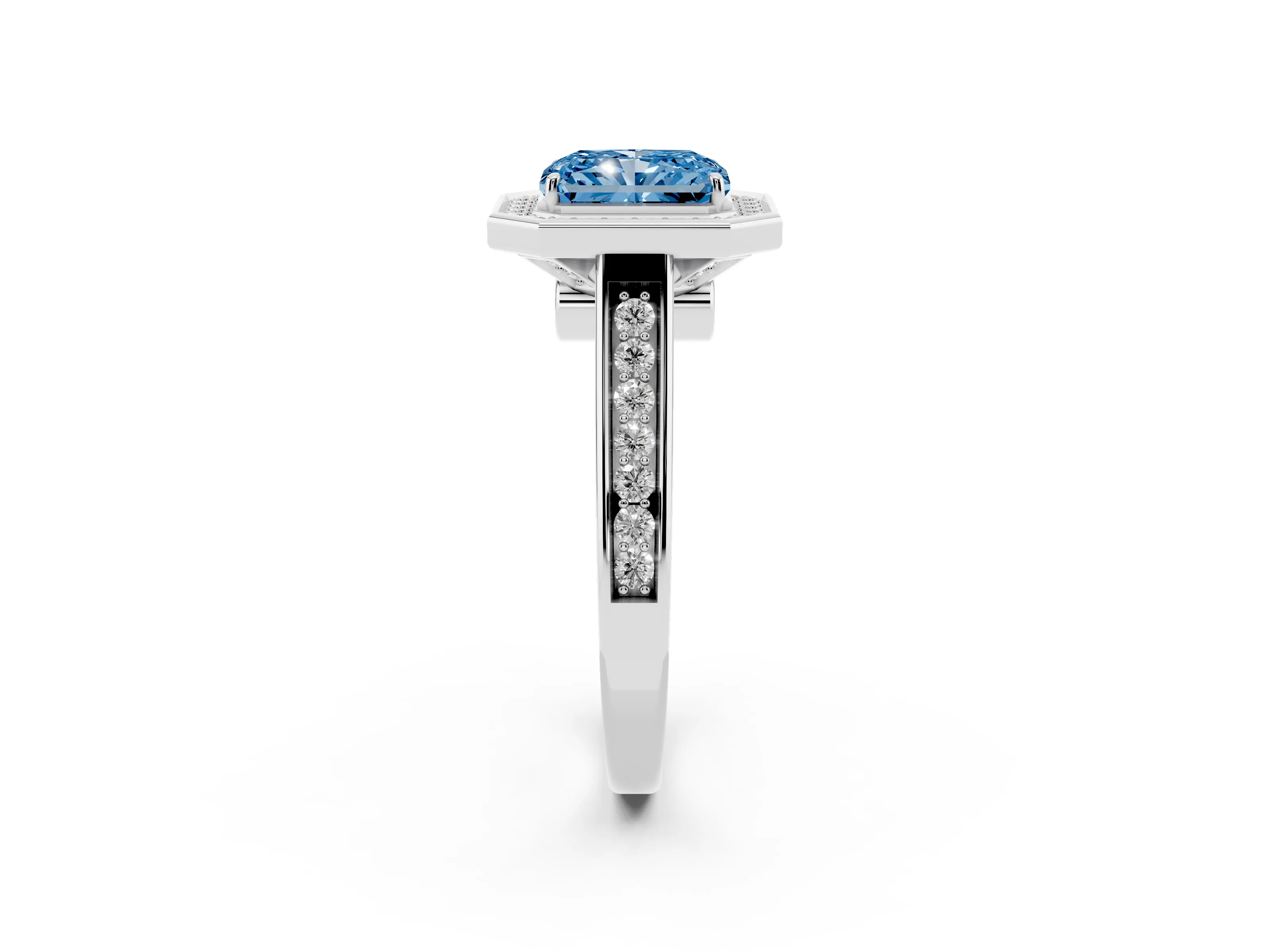 Fancy Blue Radiant Cut Diamond Halo Solitaire Ring Set in White gold with Pavé Band and Bezel Setting