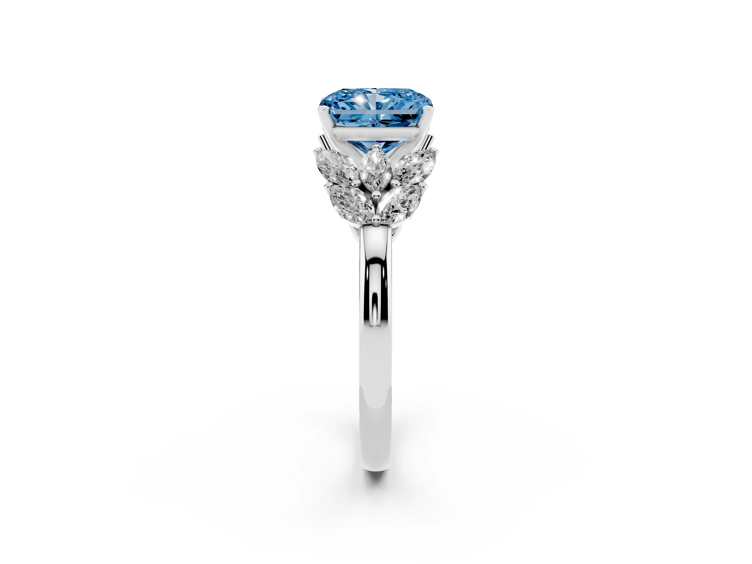 Fancy Blue Radiant Cut Diamond Cluster Leaf Design Ring Set in White gold with Prong Setting
