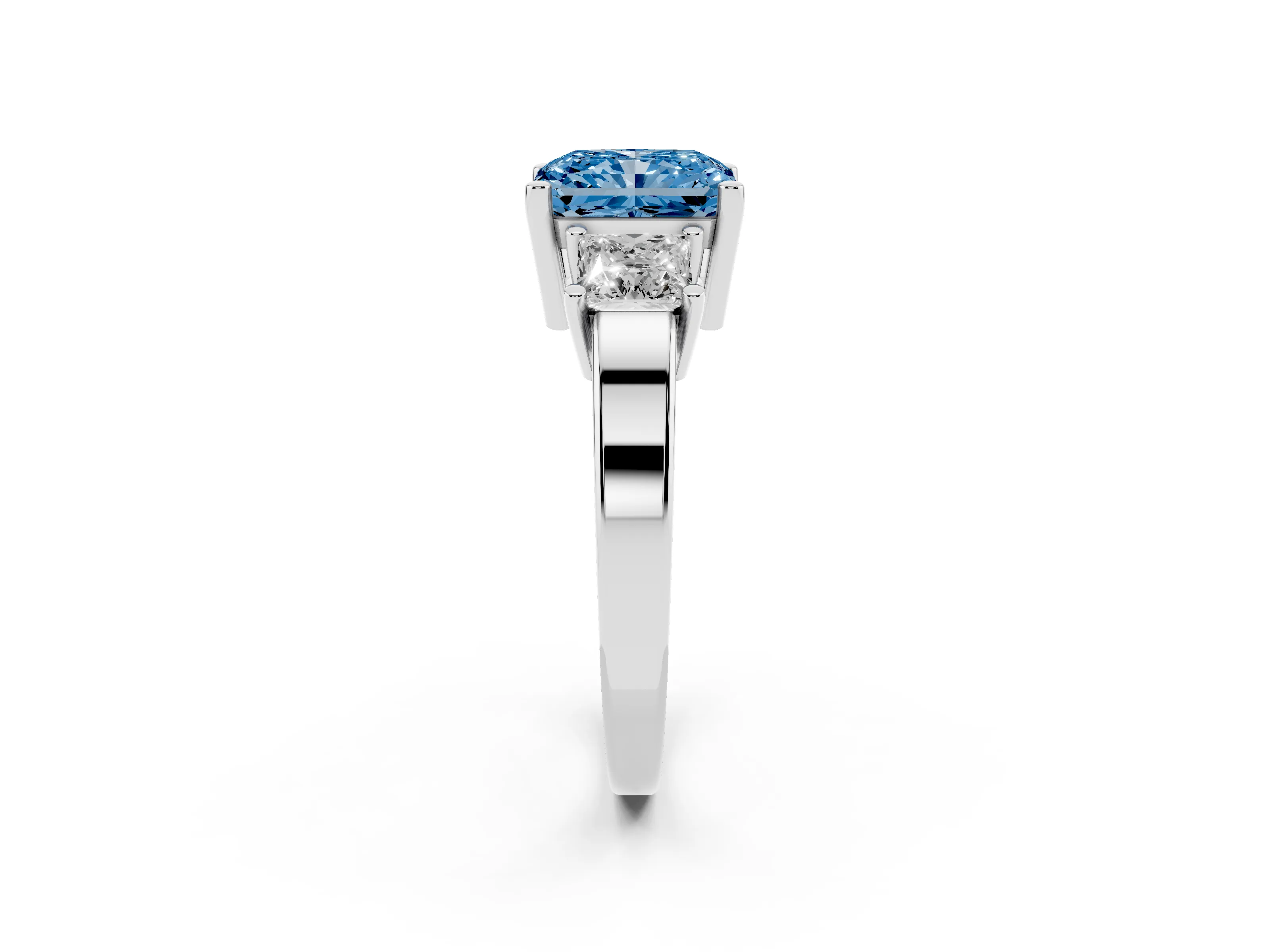Fancy Blue Three-Stone Radiant Cut Diamond Solitaire Ring Set in Platinum with Prong Setting
