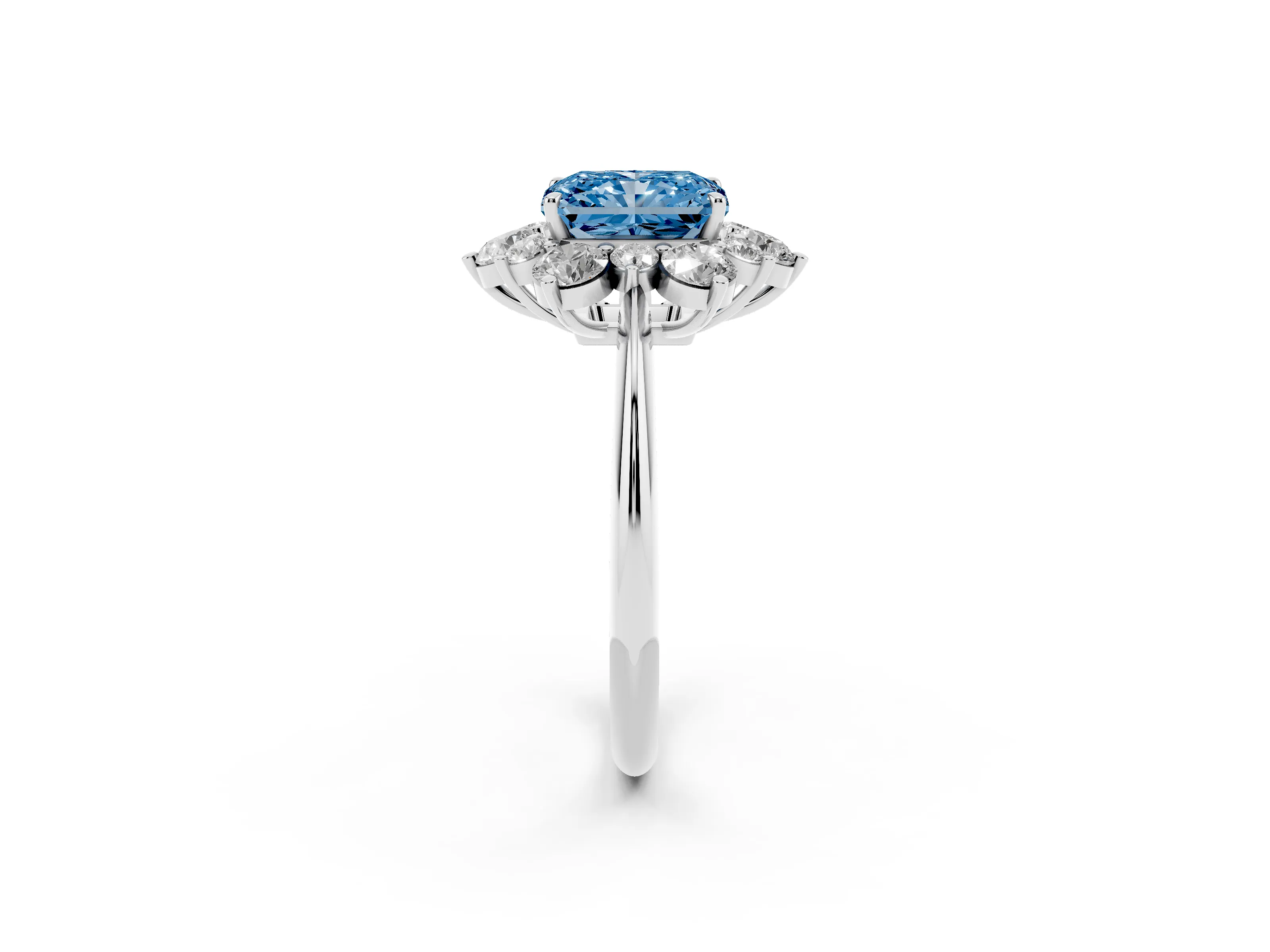 Fancy Blue Radiant Cut Diamond Cluster Halo Ring Set in Platinum with Solitaire Band and Prong Setting