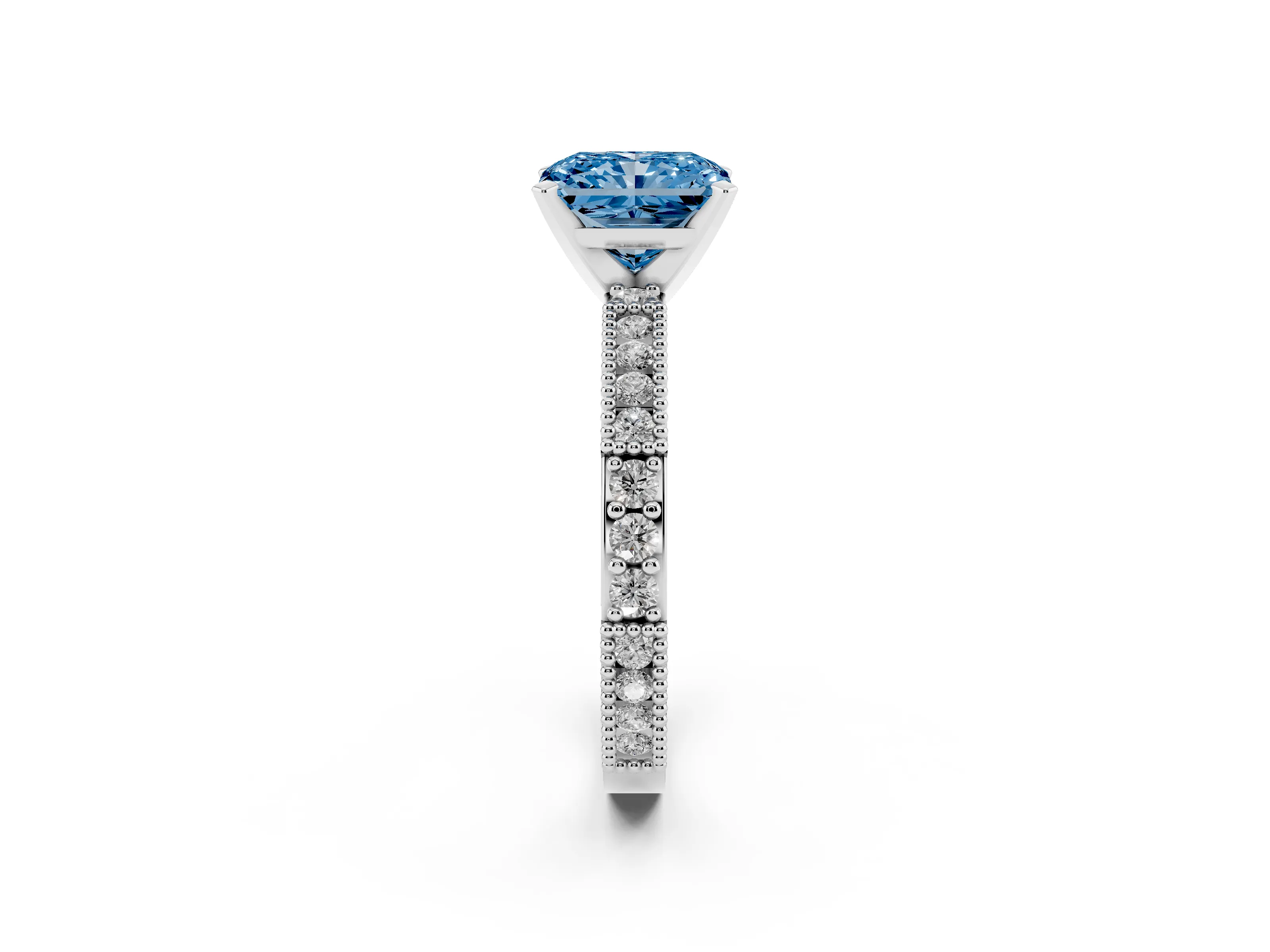 Fancy Blue Radiant Cut Diamond Solitaire Ring Set in White gold with Slim Pavé Band and Prong Setting