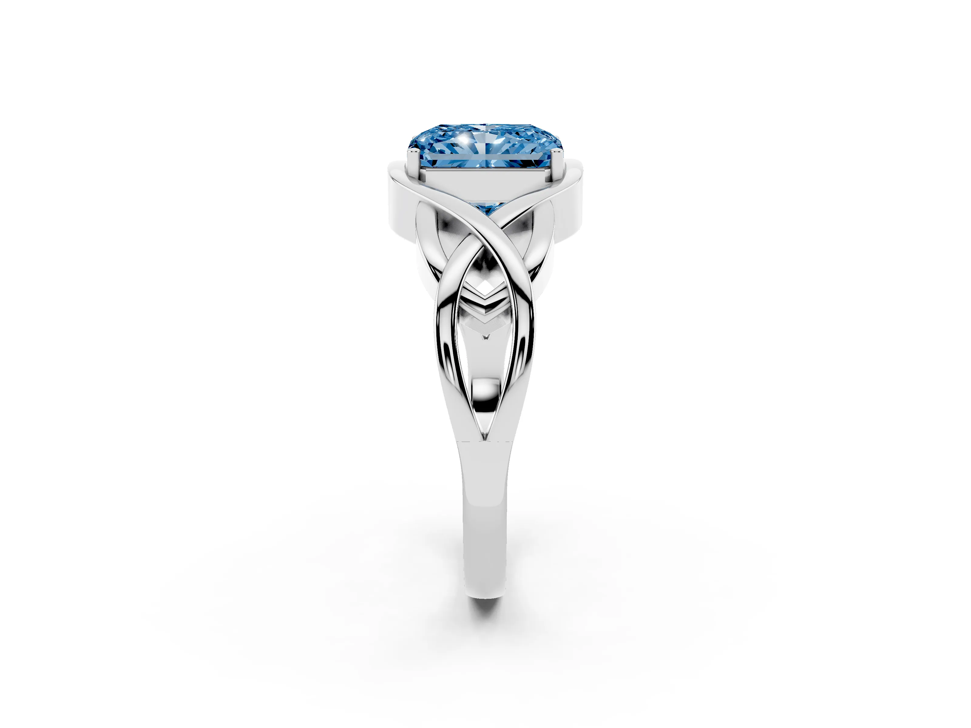 Fancy Blue Radiant Cut Diamond Solitaire Ring Set in Platinum with Intertwined Band