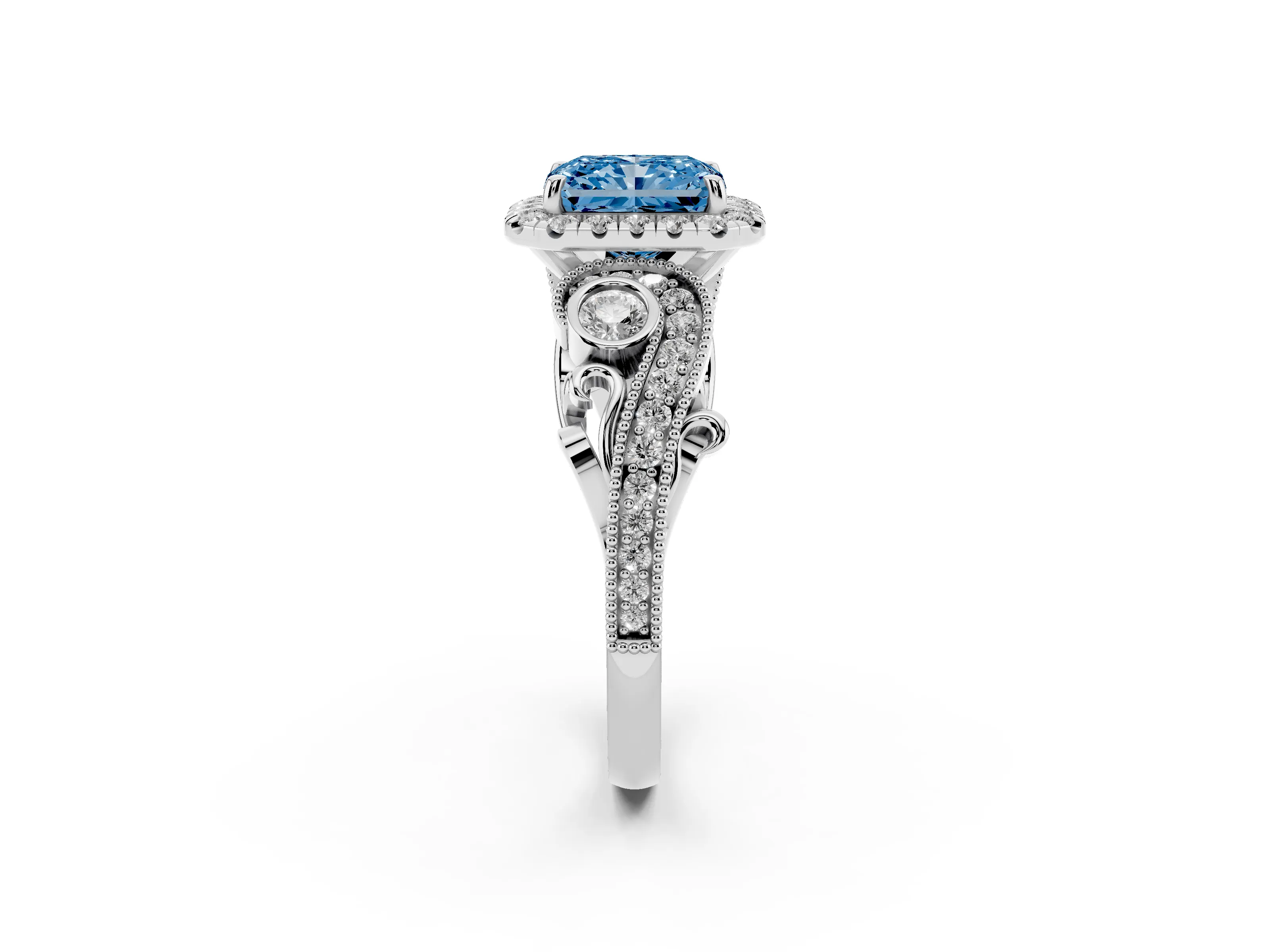 Fancy Blue Radiant Cut Diamond Halo Ring Set in Platinum with Milgrain Pavé Band and Prong Setting