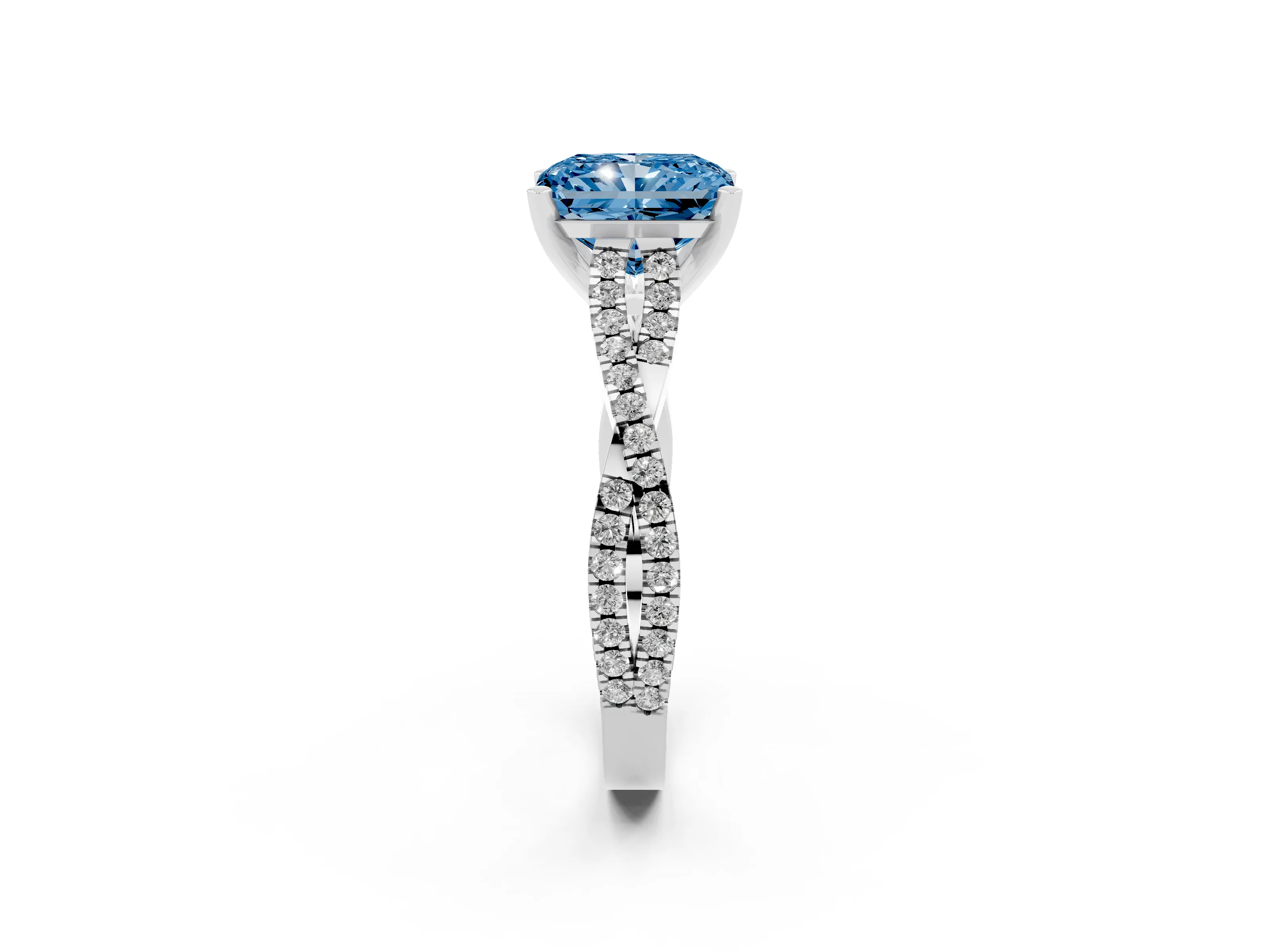 Fancy Blue Radiant Cut Diamond Solitaire Engagement Ring Set in Platinum with Twisted Pavé Band and Prong Setting