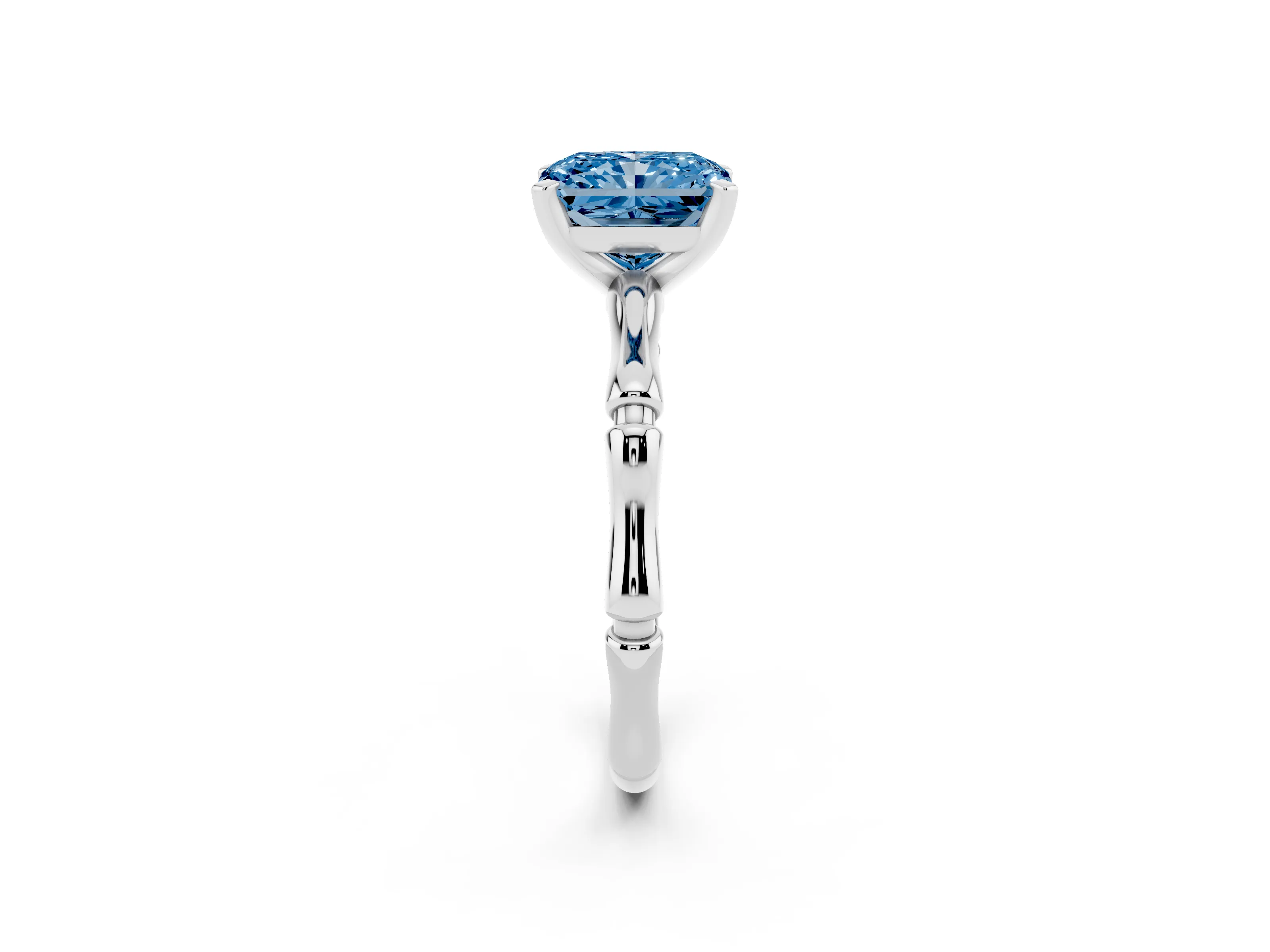 Fancy Blue Radiant Cut Diamond Solitaire Ring Set in White gold with Bamboo Band and Prong Setting