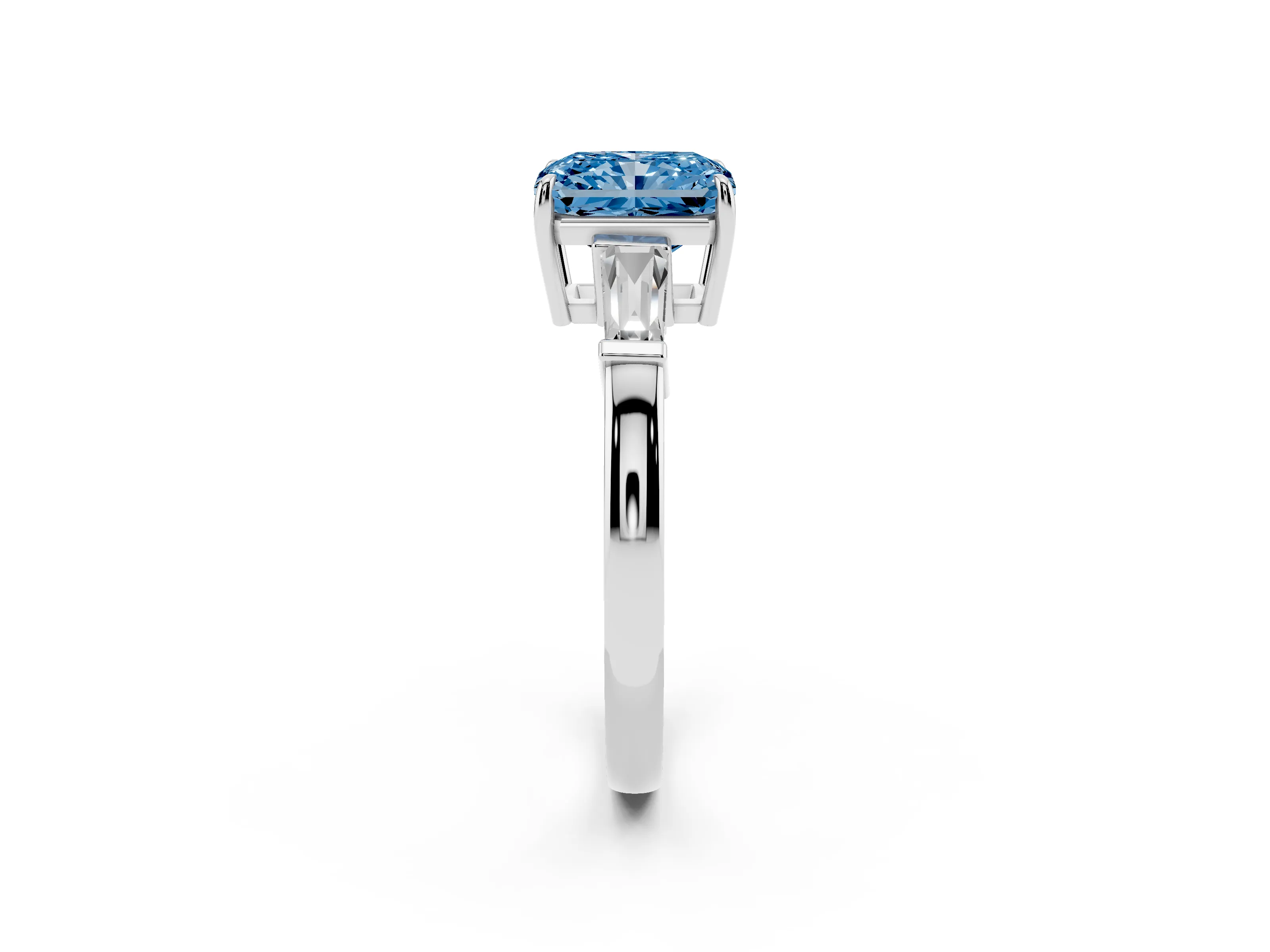 Fancy Blue Radiant Cut Diamond Three-Stone Ring Set in Silver with Tapered Baguette Side Stones and Prong Setting