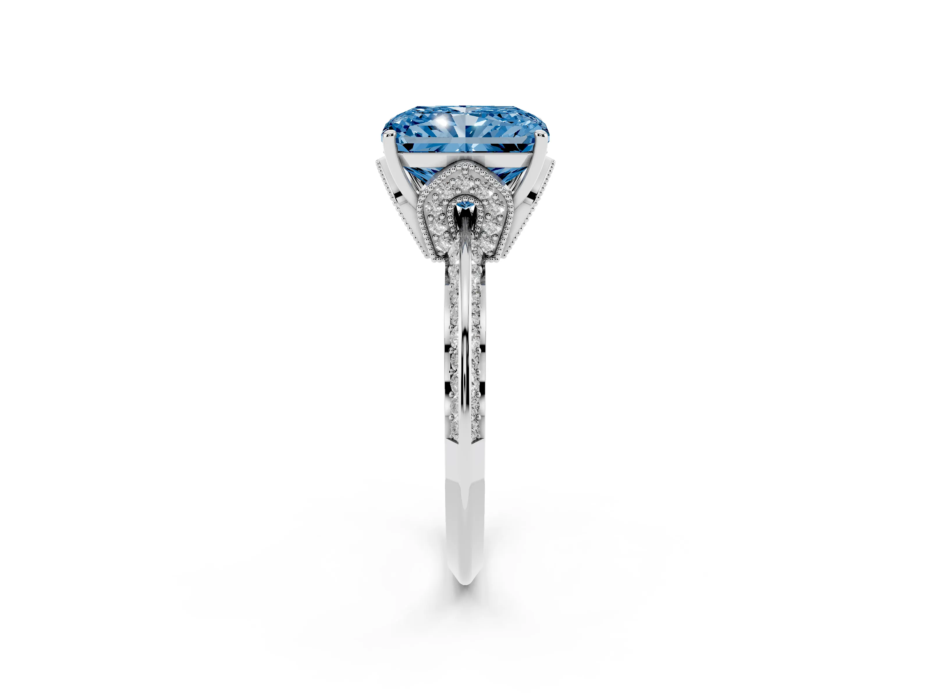 Fancy Blue Radiant Cut Diamond Solitaire Engagement Ring Set in Silver with Pavé Split Shank and Prong Setting