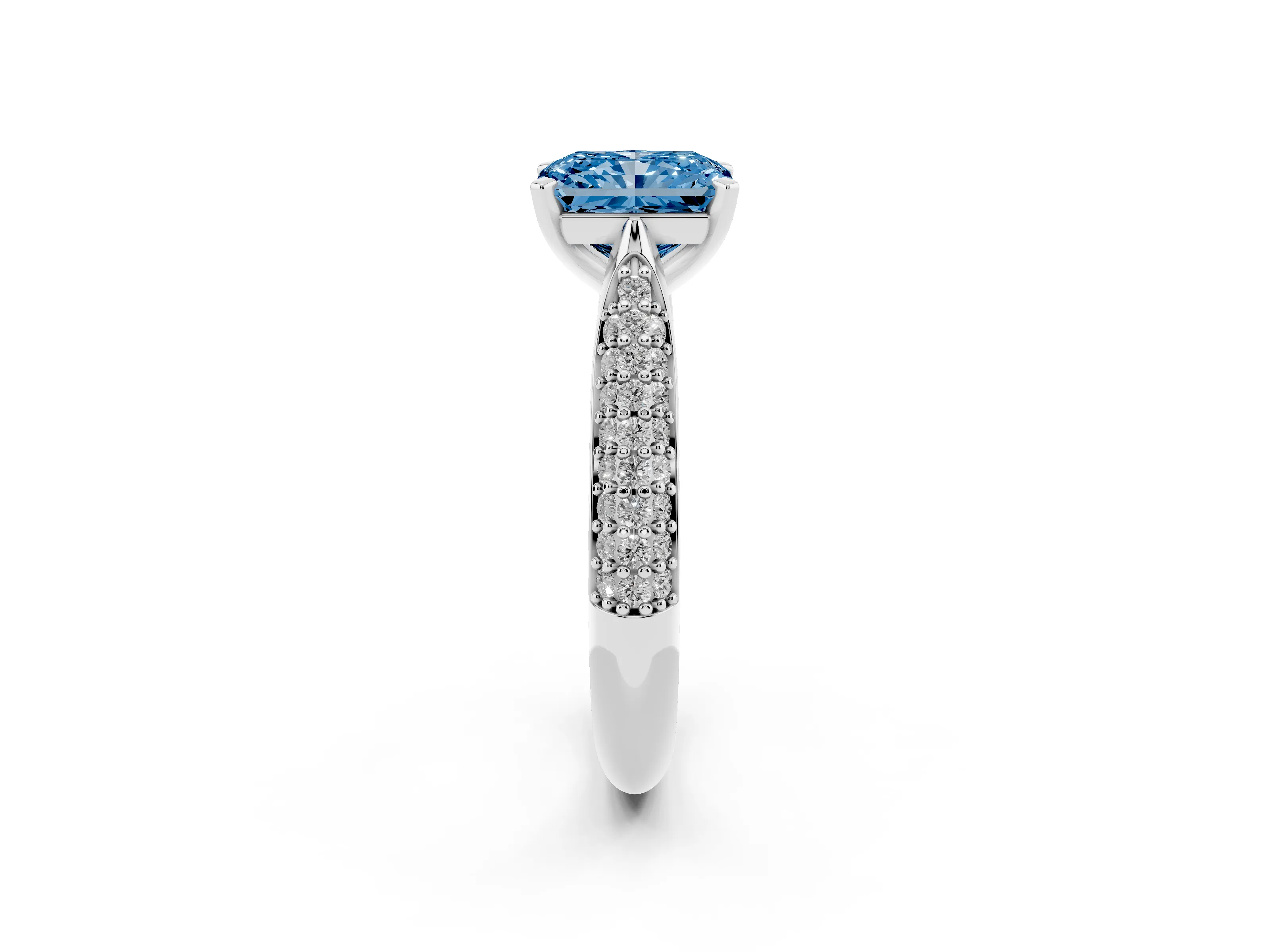 Fancy Blue Radiant Cut Diamond Solitaire Engagement Ring Set in White gold with Multi-Row Round Pavé Band and Prong Setting