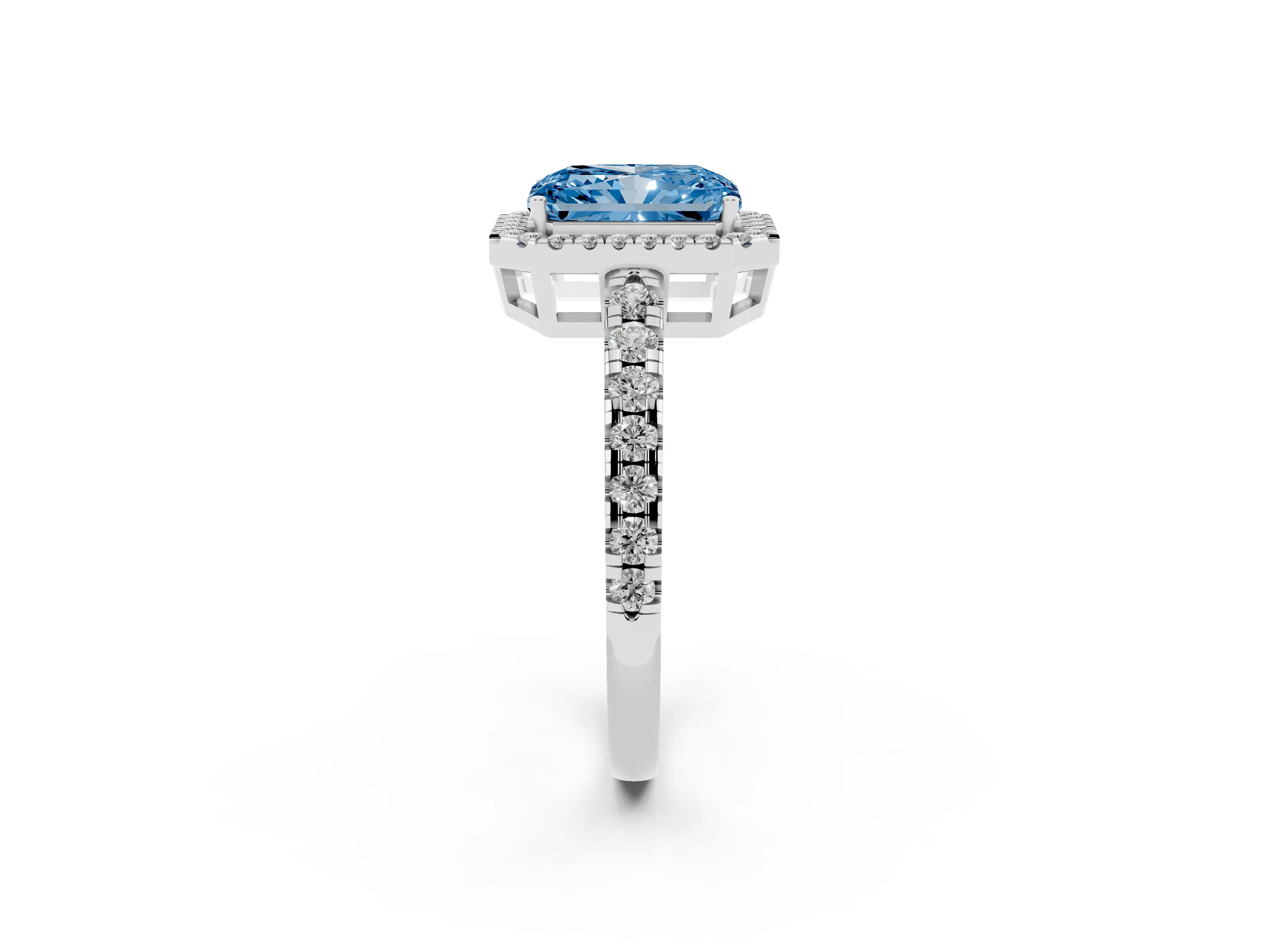 Fancy Blue Radiant Cut Diamond Halo Ring Set in Silver with Delicate Pavé Band and Prong Setting