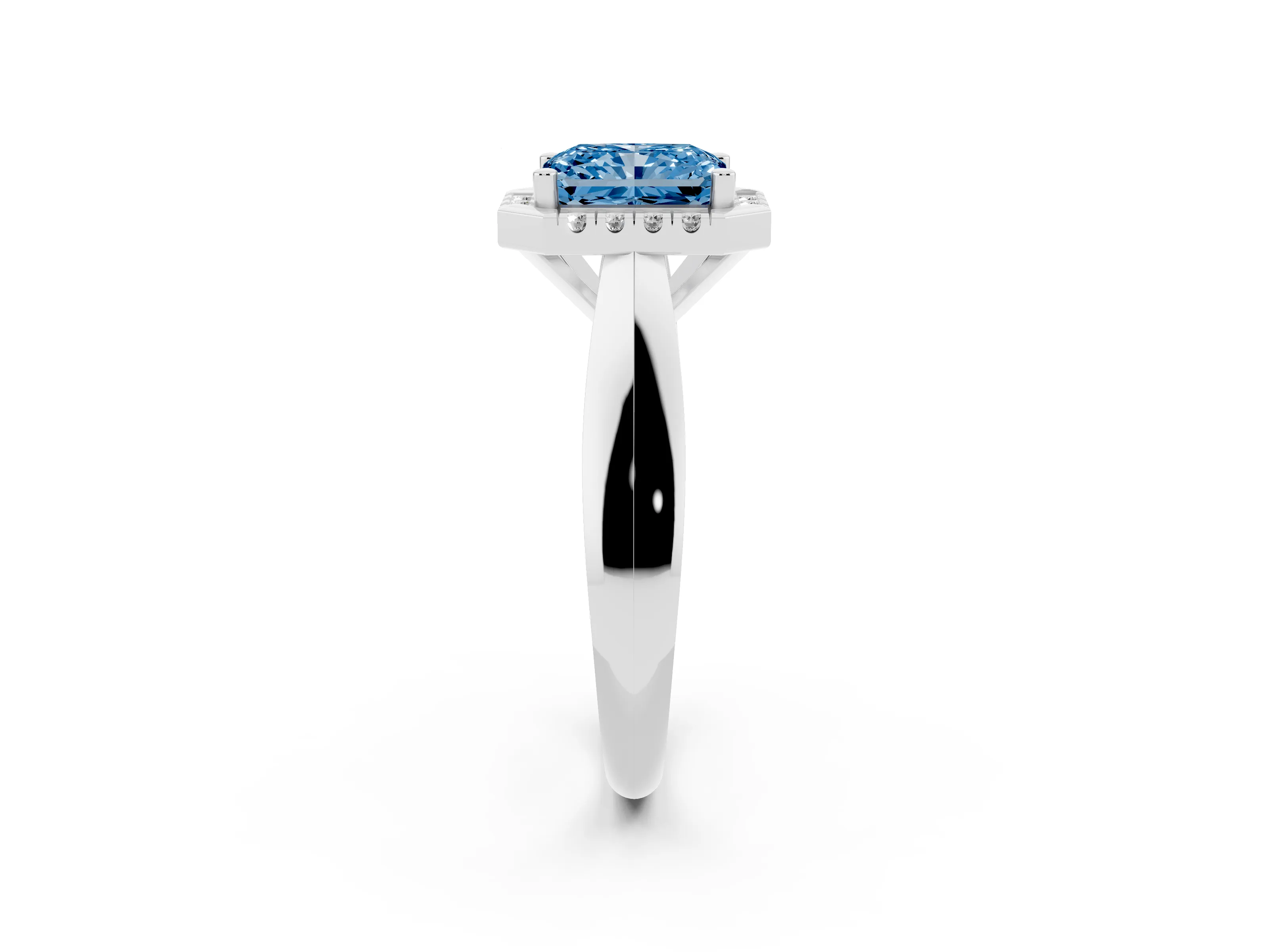 Fancy Blue Radiant Cut Diamond Halo Solitaire Engagement Ring Set in Platinum with Square Band and Prong Setting