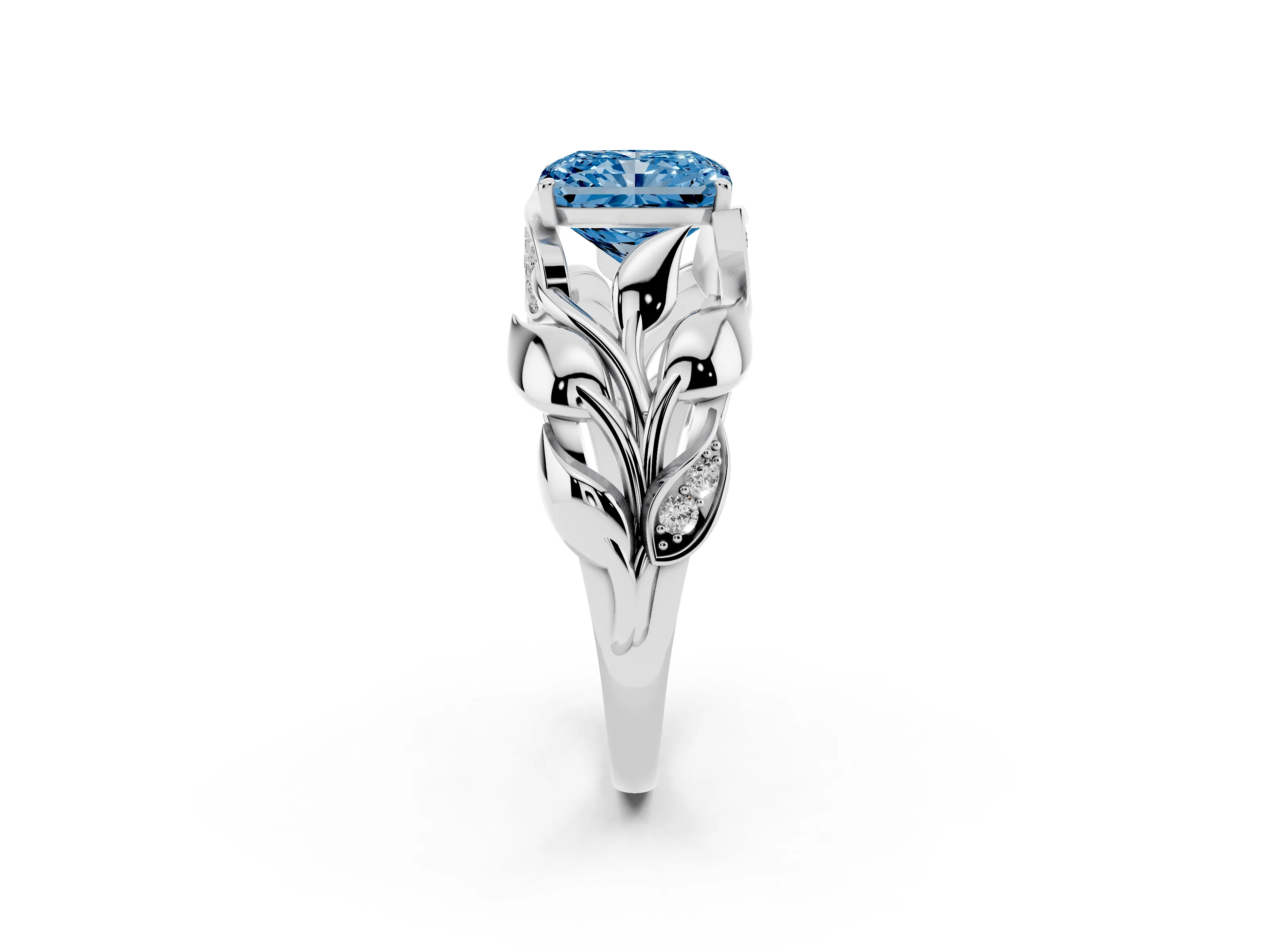 Fancy Blue Radiant Cut Diamond Leaf-Inspired Engagement Ring Set in Silver with Round Accents