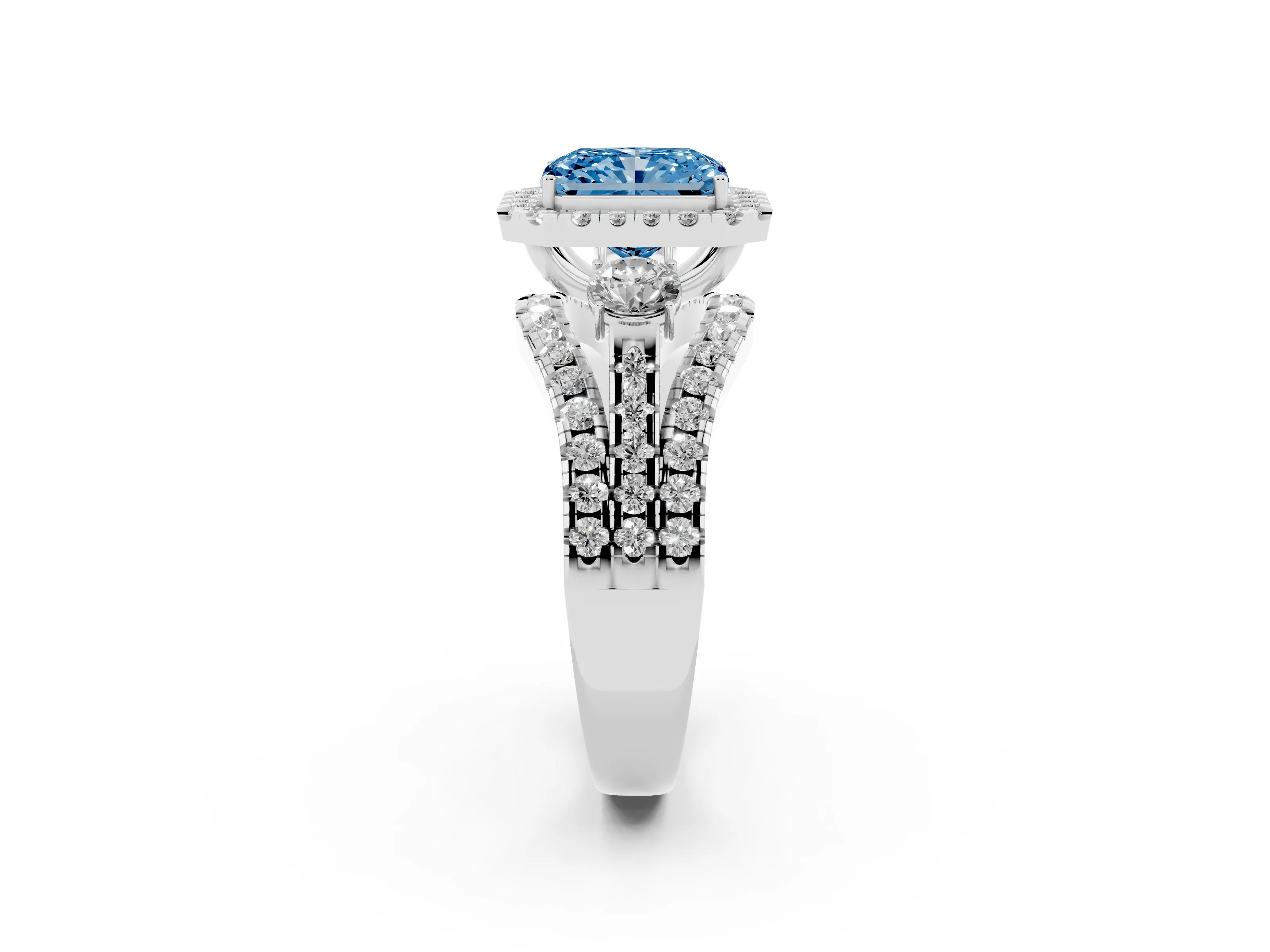 Fancy Blue Radiant Cut Diamond Halo Split Shank Ring Set in Platinum with Round Accent Stones and Prong Setting