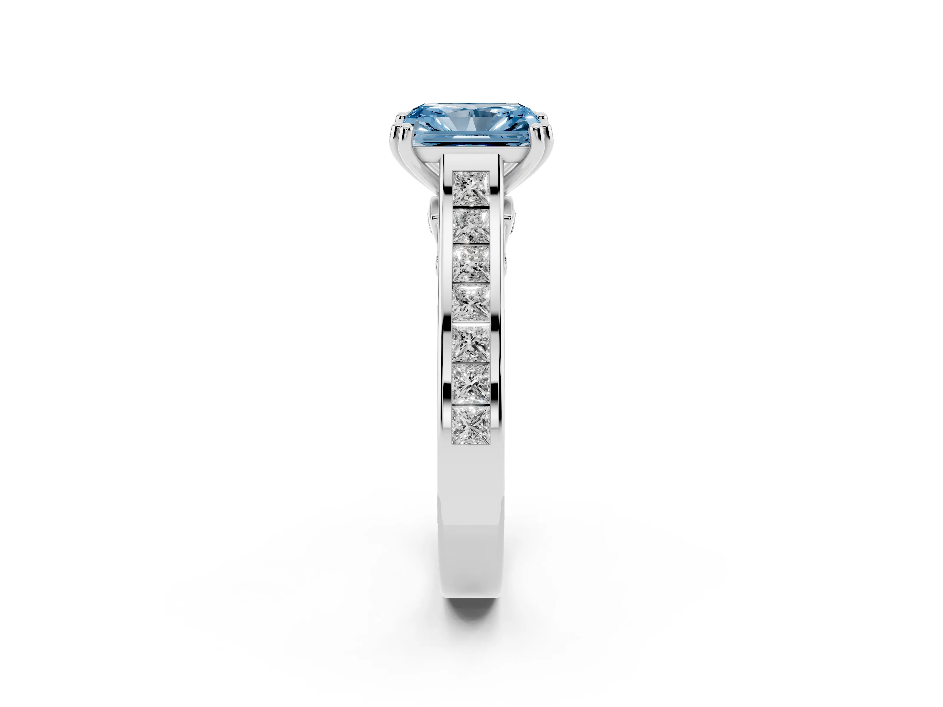 Fancy Blue Radiant Cut Diamond Channel Set Solitaire Engagement Ring Set in Silver with Prong Setting