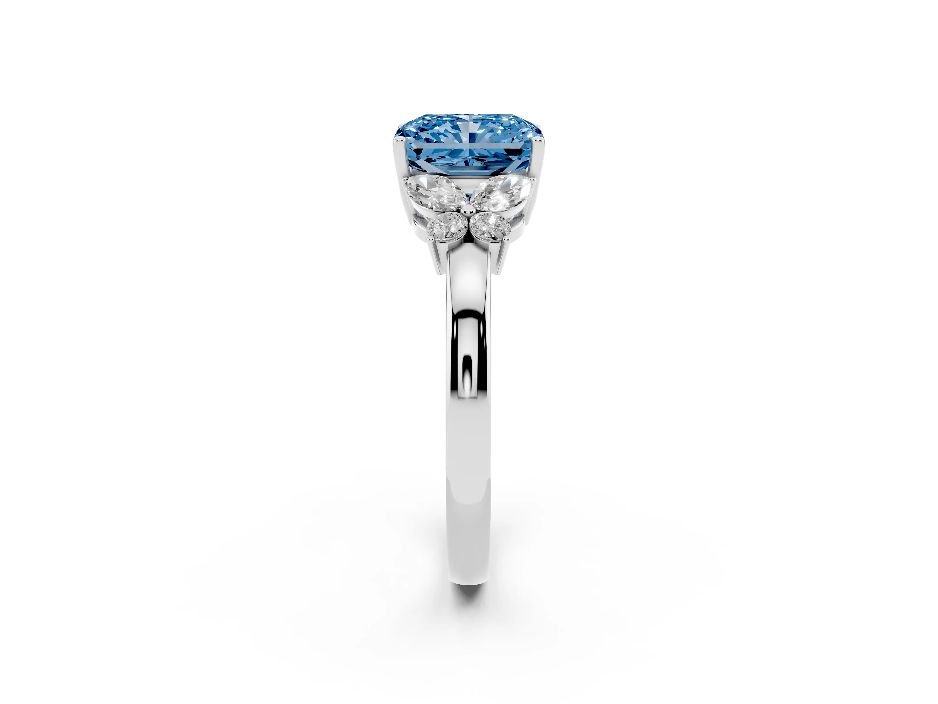Fancy Blue Radiant Cut Diamond Solitaire Floral Ring Set in White gold with Marquise Petals and Prong Setting