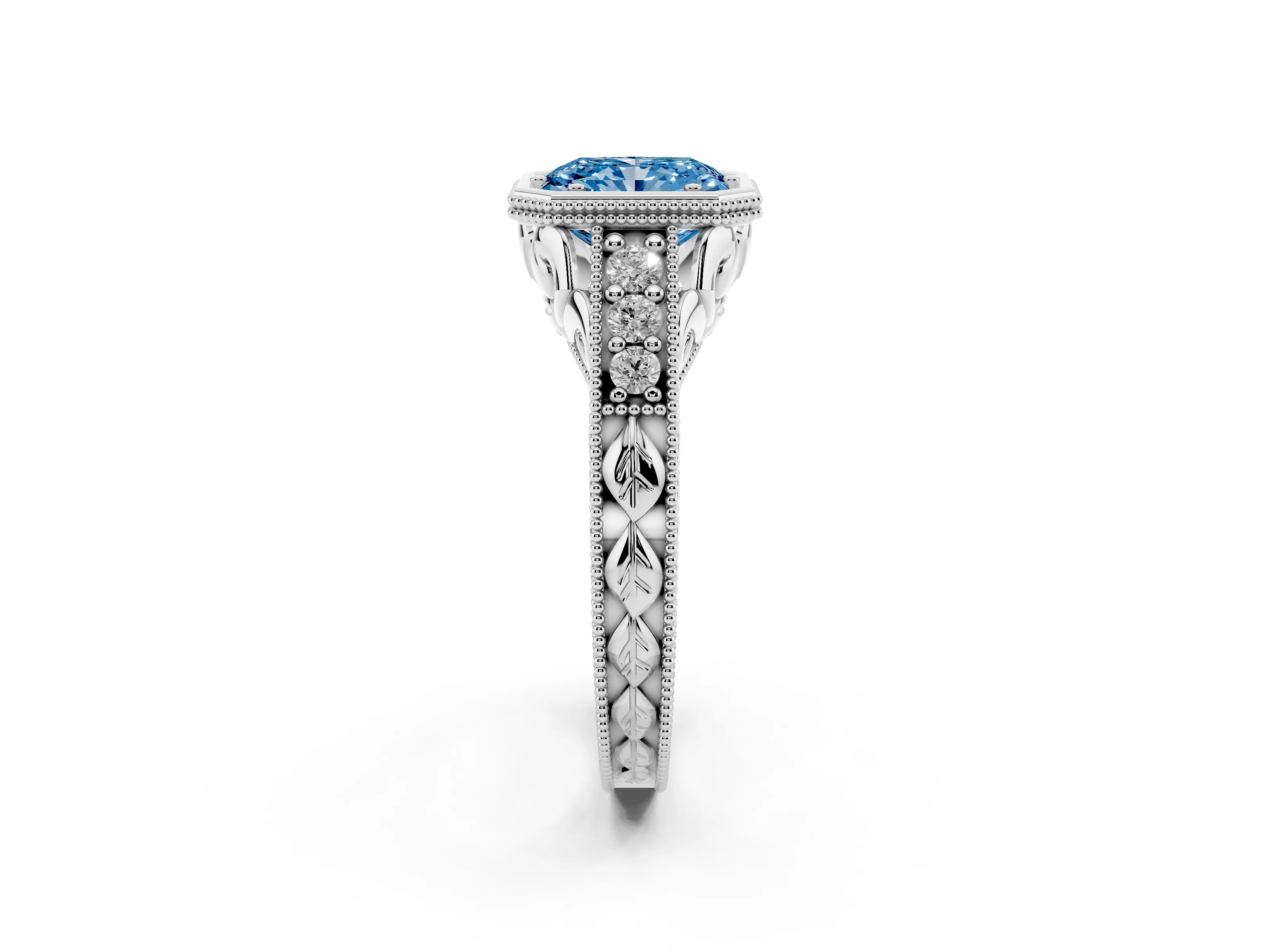 Fancy Blue Bezel Set Radiant Cut Diamond Milgrain Pavé Engagement Ring Set in Platinum
