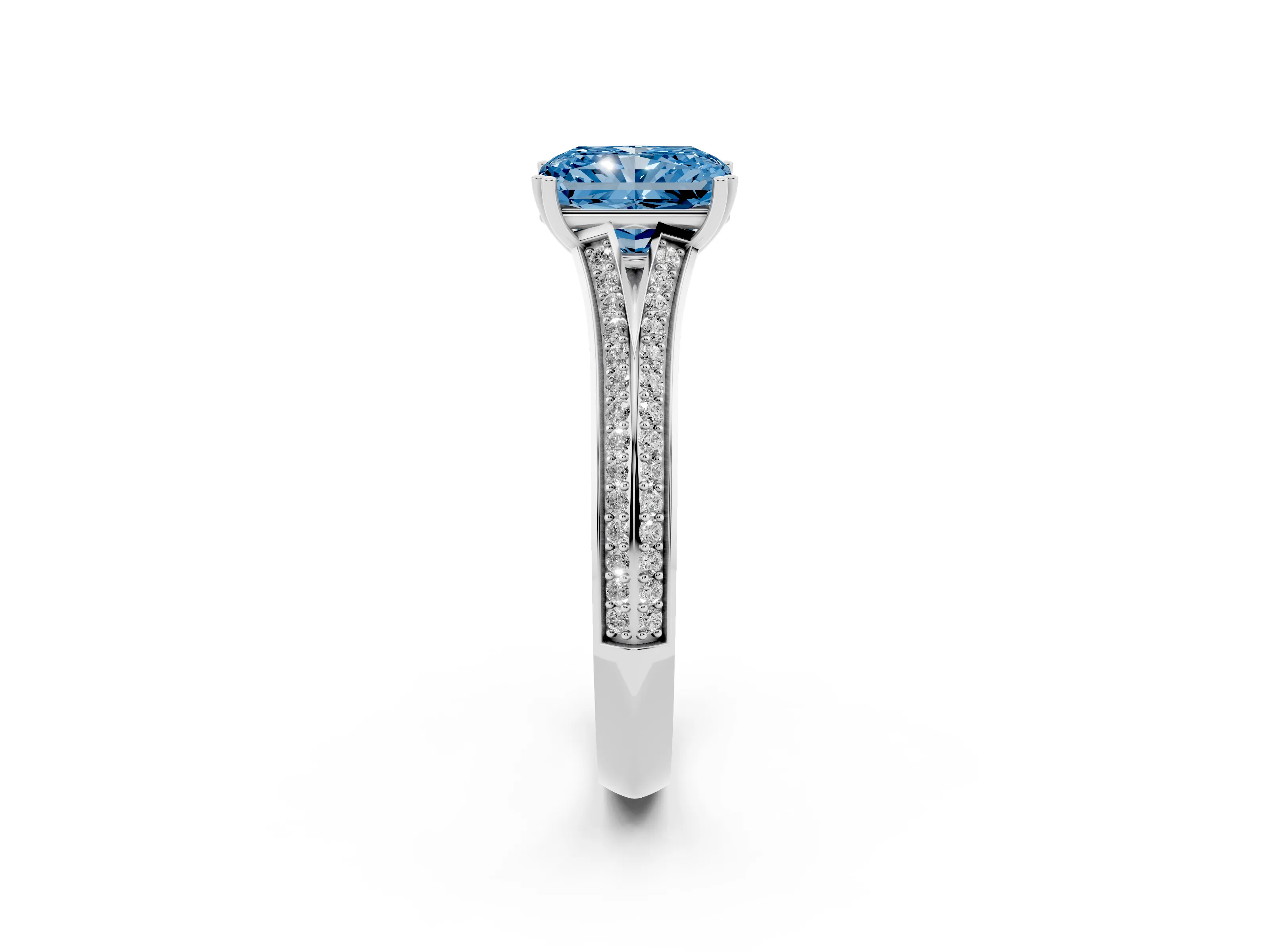 Fancy Blue Radiant Cut Diamond Split Shank Pavé Engagement Ring Set in Platinum with Prong-Set Center Stone
