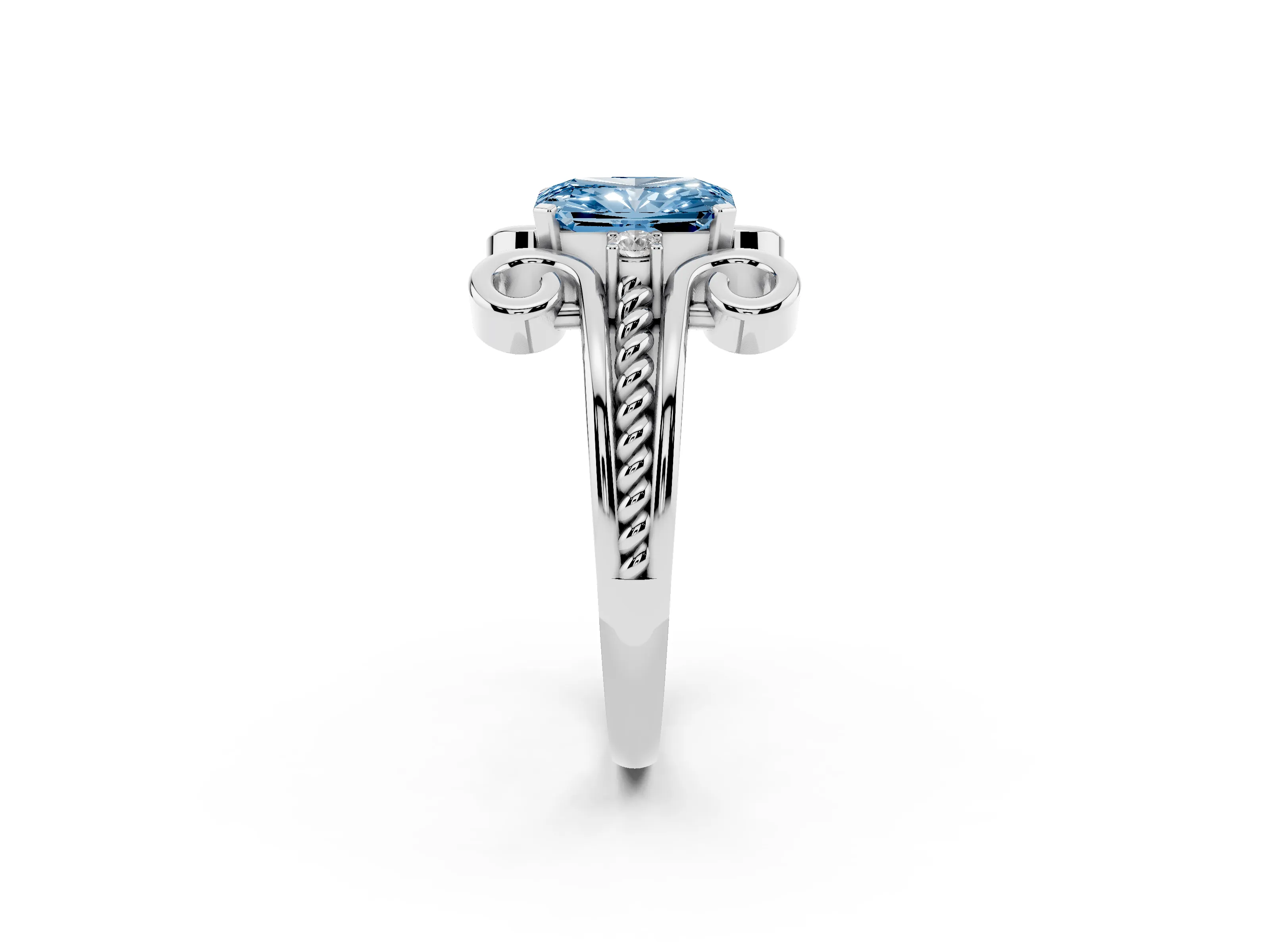 Fancy Blue Radiant Cut Diamond Twisted Band Solitaire Ring Set in Platinum with Scroll Prongs