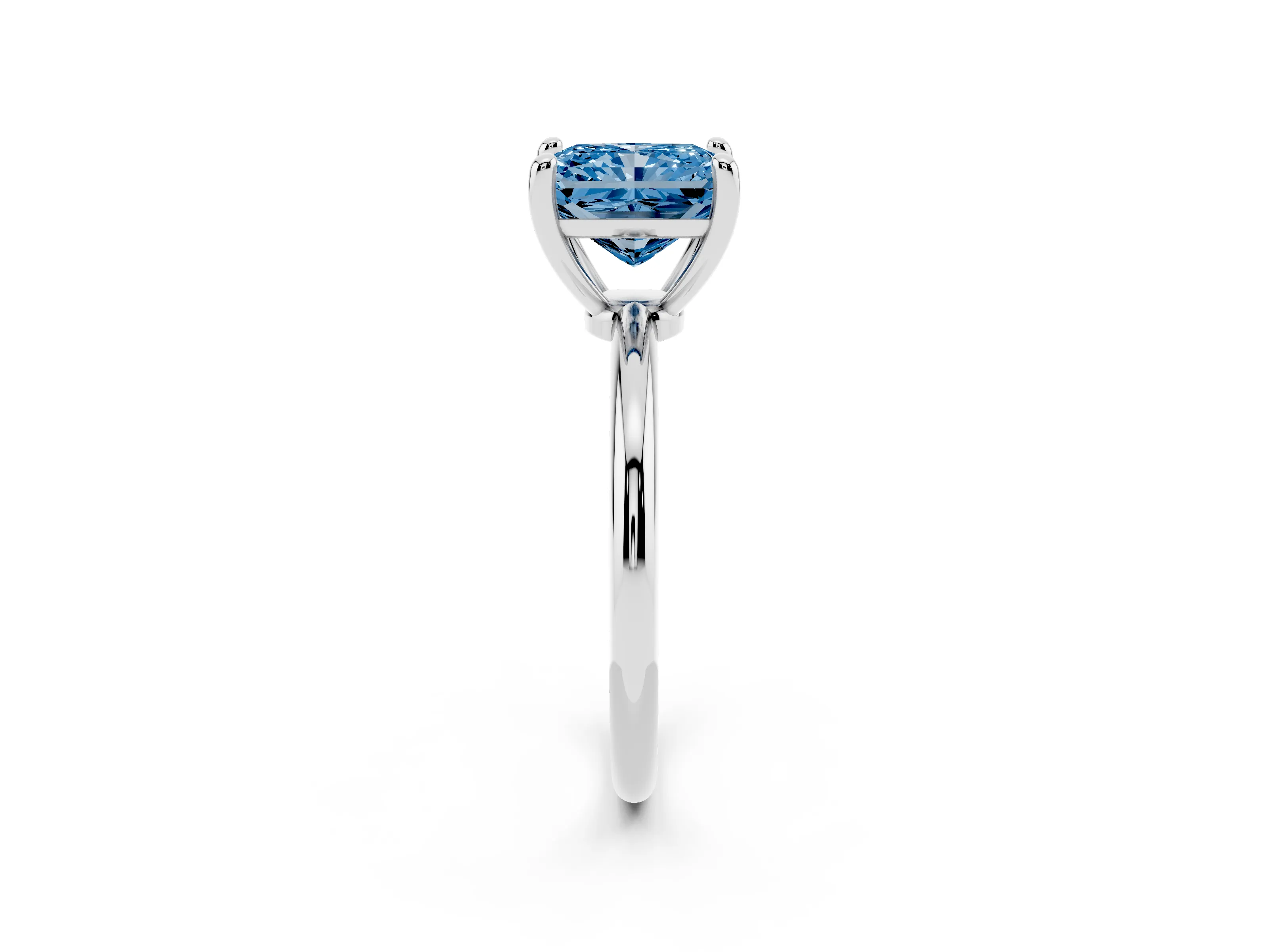Fancy Blue Radiant Cut Diamond Solitaire Ring Set in White gold with Secure Prong Setting on a Classic Band