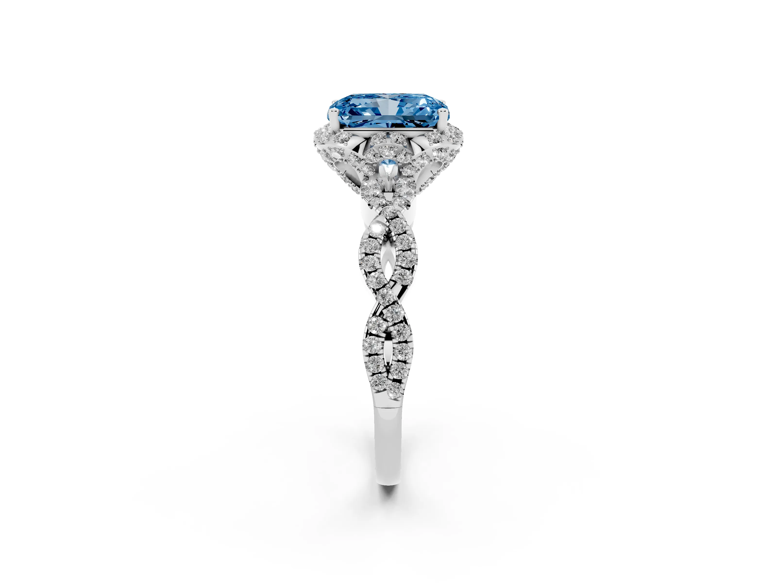 Fancy Blue Radiant Cut Diamond Halo Twist Band Solitaire Ring Set in Platinum with Prong-Set Center Stone