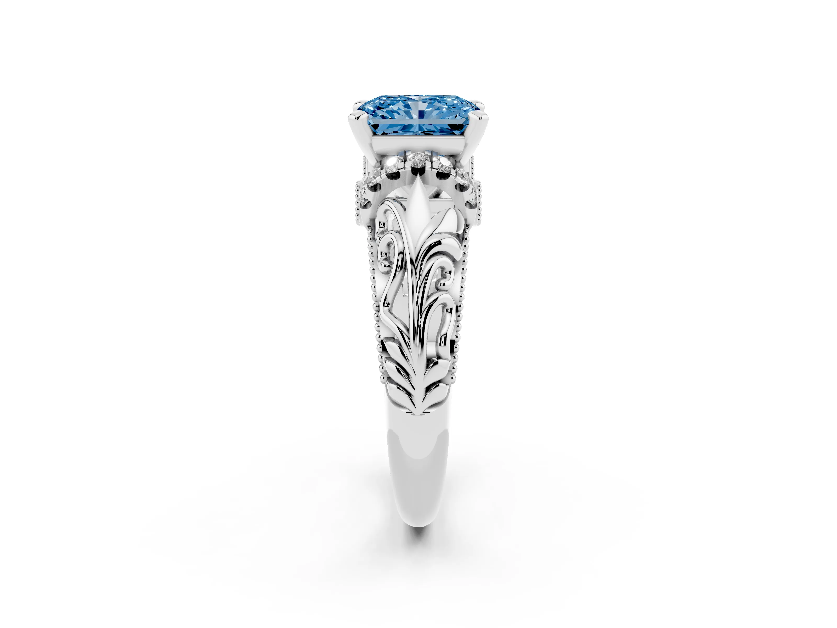 Fancy Blue Radiant Cut Diamond Filigree Halo Engagement Ring Set in Silver with Prong Setting