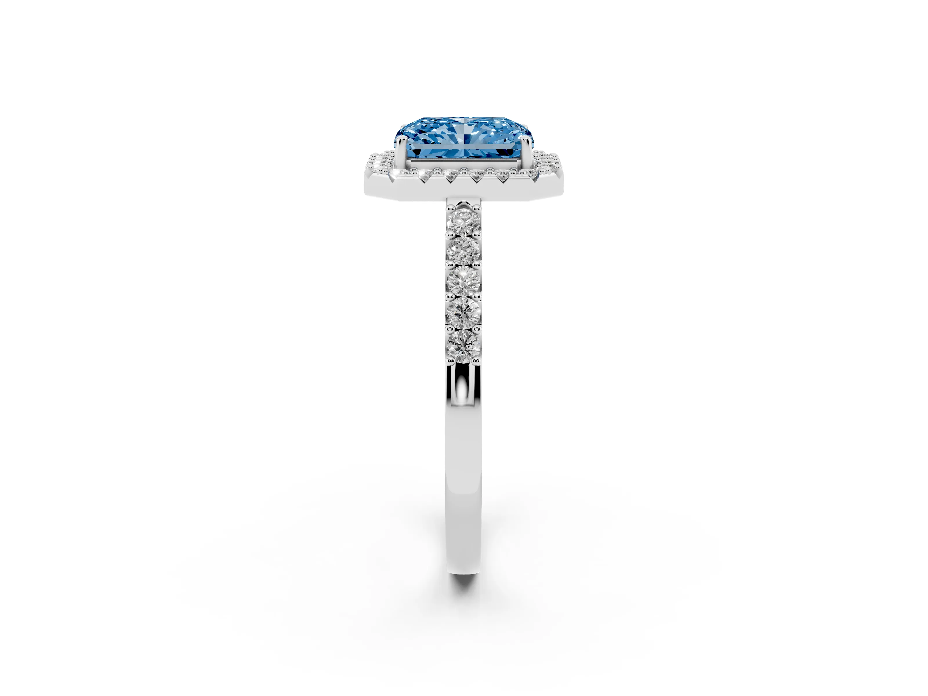 Fancy Blue Radiant Cut Diamond Halo Pavé Solitaire Ring Set in Platinum with Prong-Set Center Stone