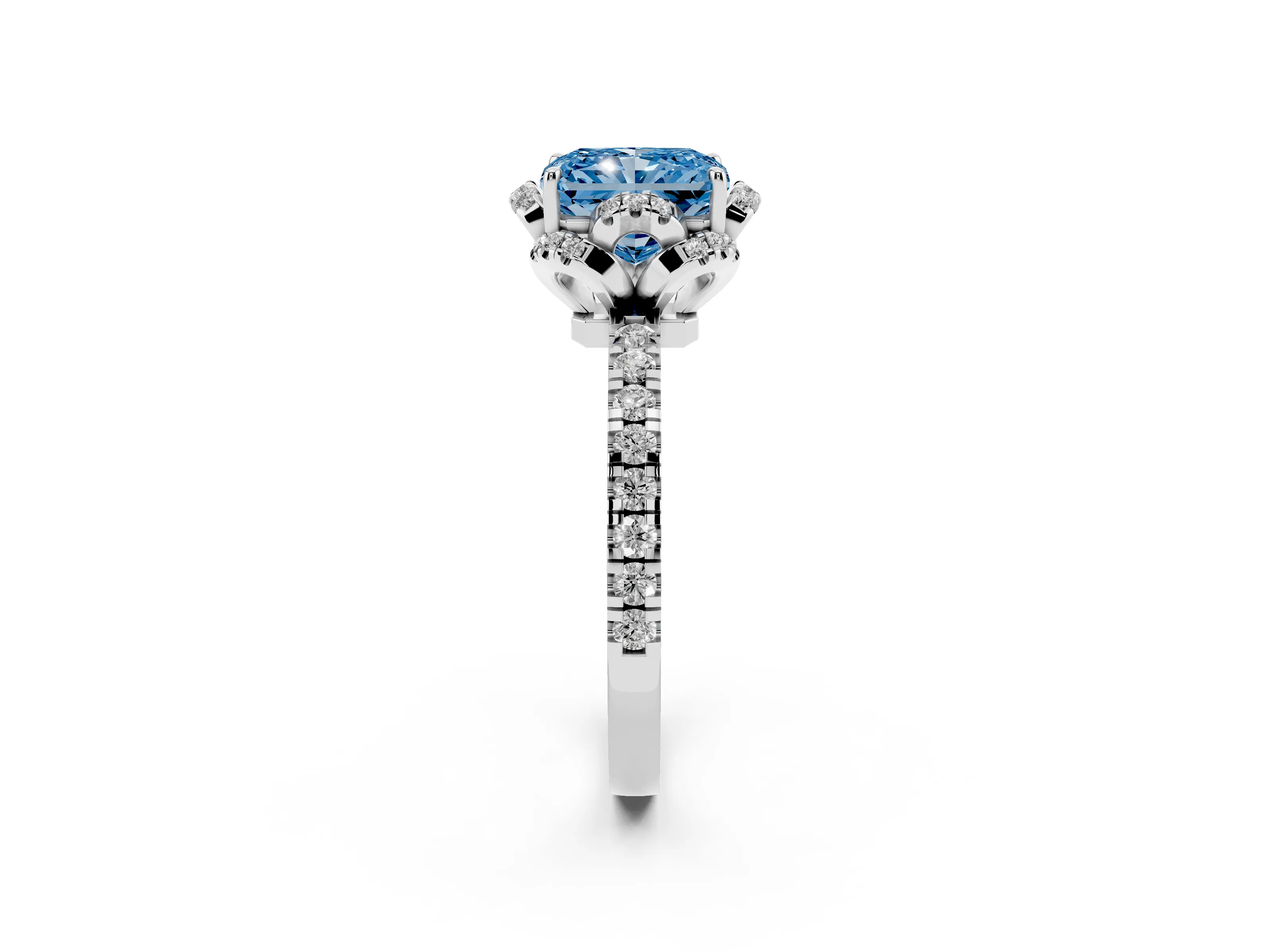 Fancy Blue Radiant Cut Diamond Halo Pavé Band Ring Set in Silver with Prong-Held Center