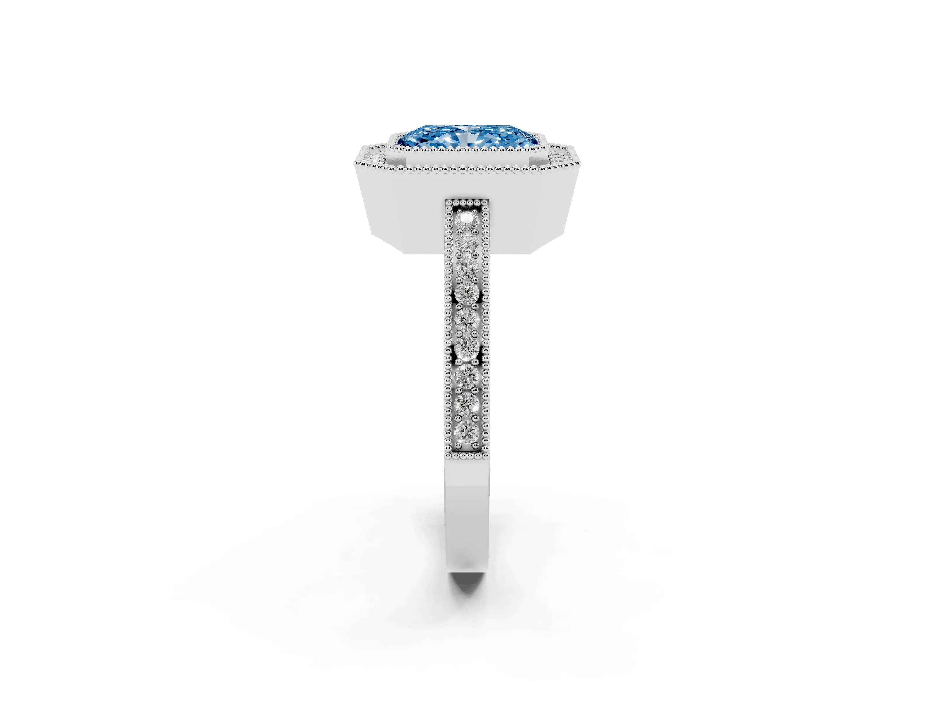 Fancy Blue Radiant Cut Diamond Halo Ring Set in White gold with Pavé Band and Milgrain-Edged Prongs