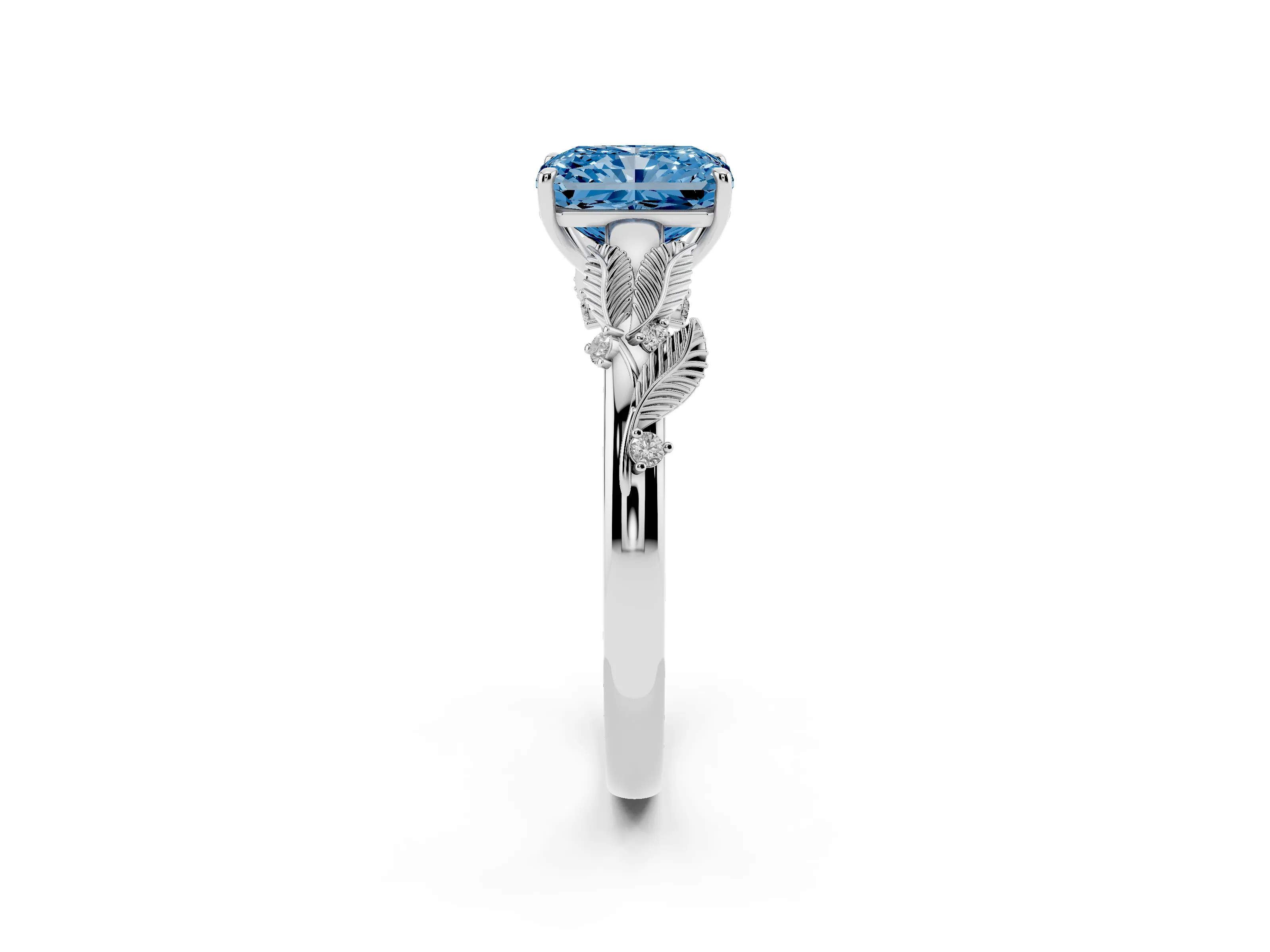 Fancy Blue Radiant Cut Diamond Solitaire Ring Set in White gold with Leaf Motif Band