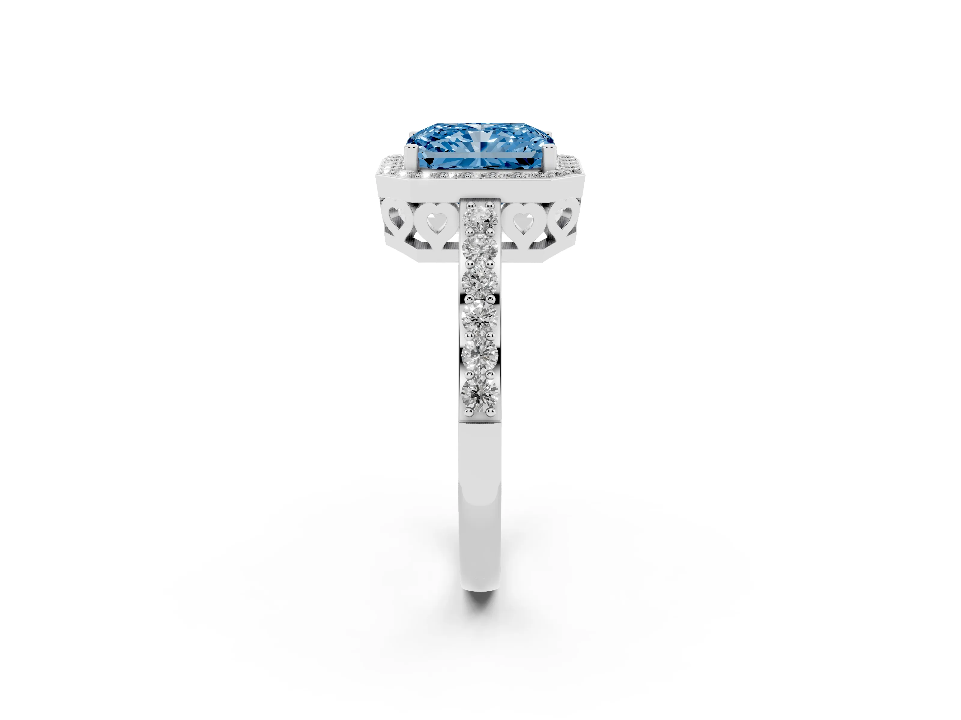 Fancy Blue Radiant Cut Diamond Halo Ring Set in White gold with Pavé-Setting Band and Open Prong Center