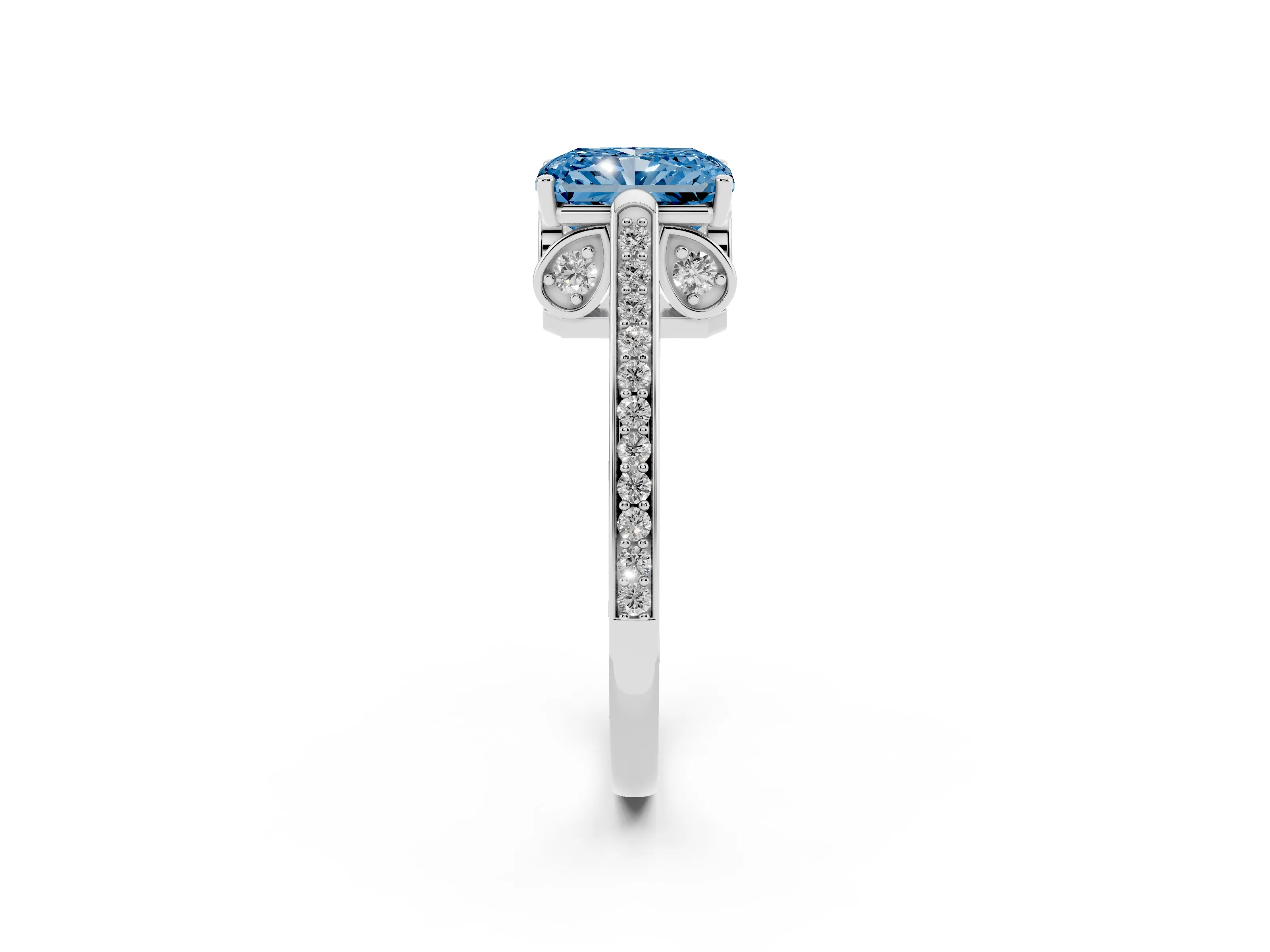 Fancy Blue Radiant Cut Diamond Cathedral Pavé Engagement Ring Set in Platinum with Prong Setting