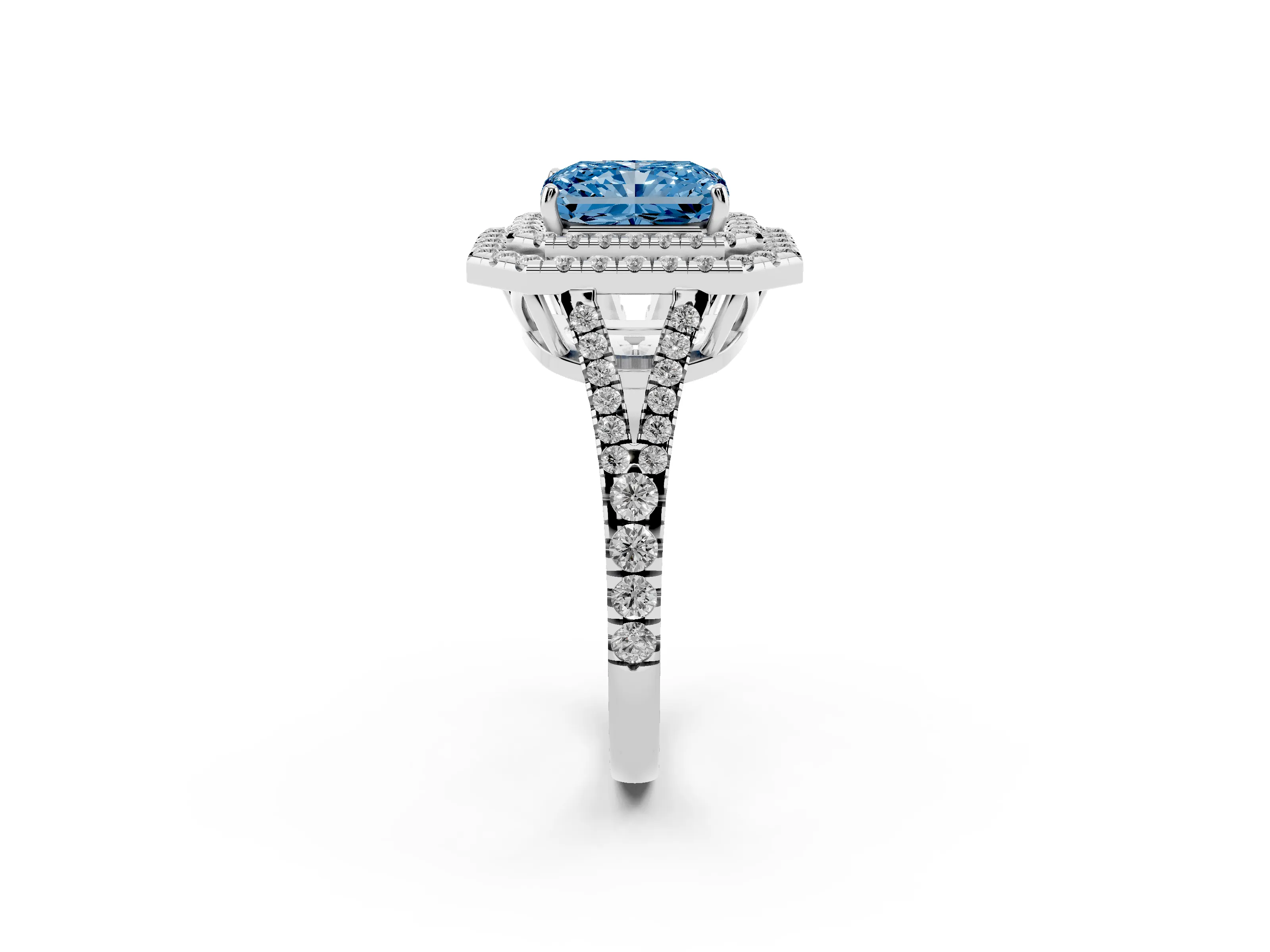 Fancy Blue Radiant Cut Diamond Double Halo Ring Set in Silver with Pavé Band