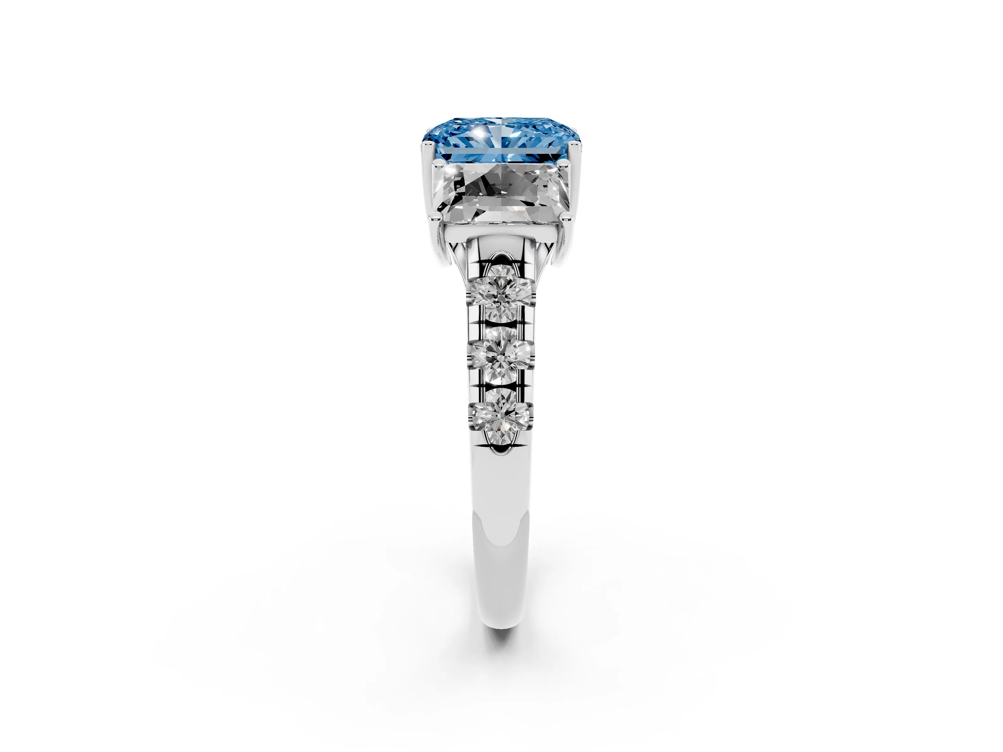 Fancy Blue Radiant Cut Diamond Three-Stone Ring Set in Platinum with Pavé Band