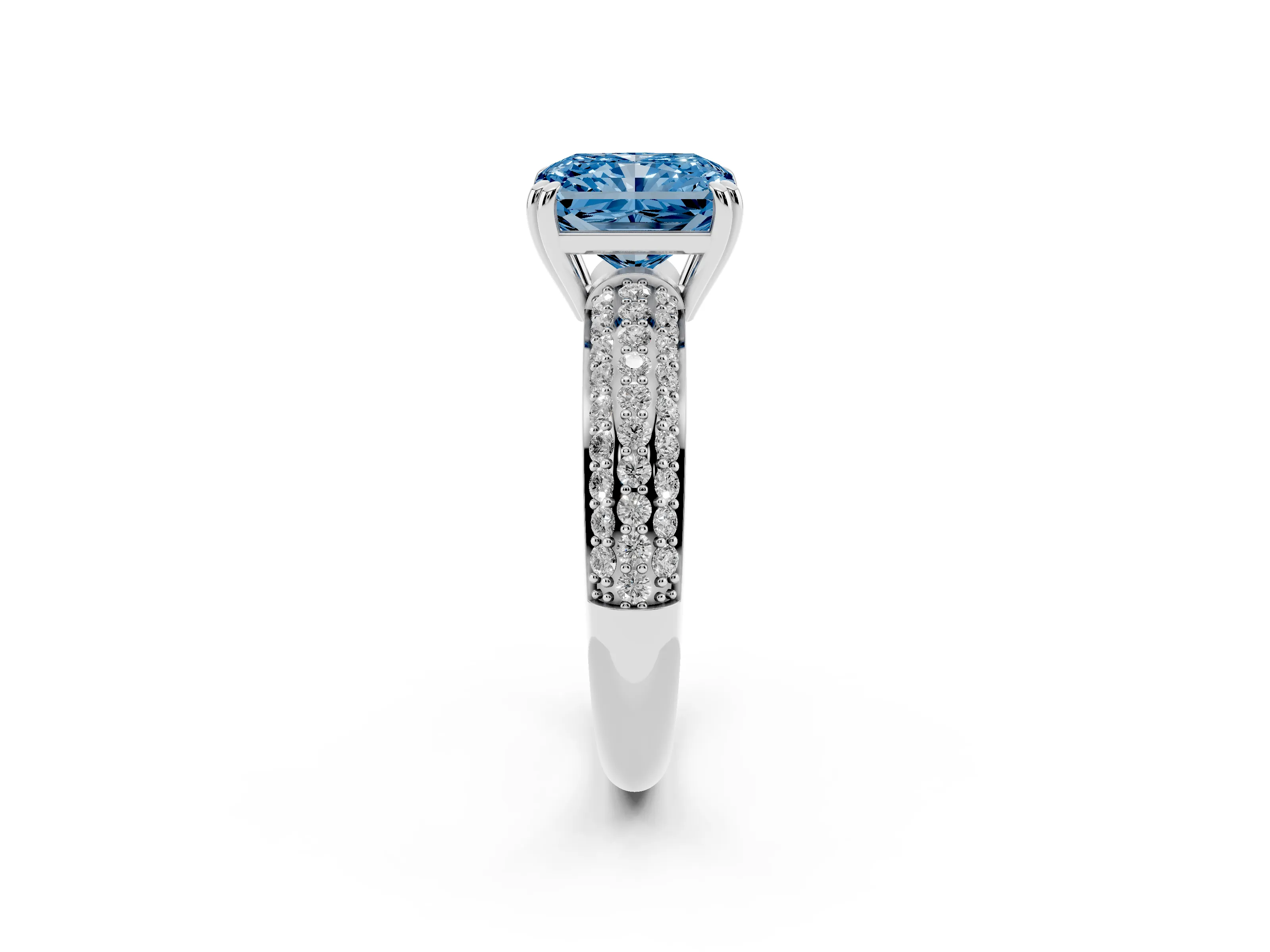 Fancy Blue Radiant Cut Diamond Solitaire Ring Set in Platinum with Multi-Row Round Pavé Band and Prong Setting