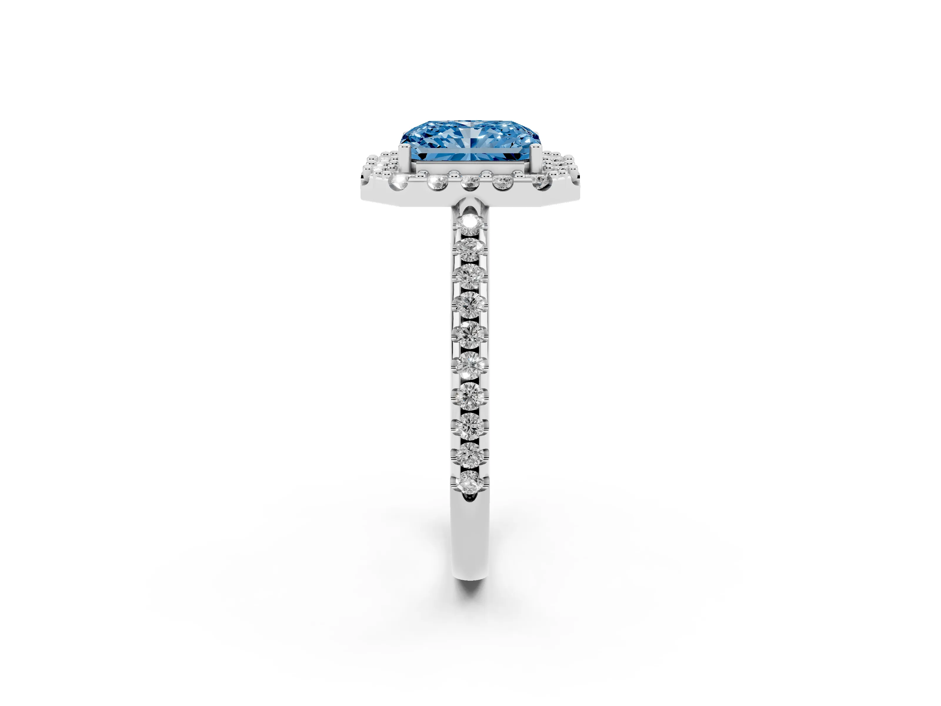 Fancy Blue Radiant Cut Diamond Pavé Halo Ring Set in Silver with Prong Setting