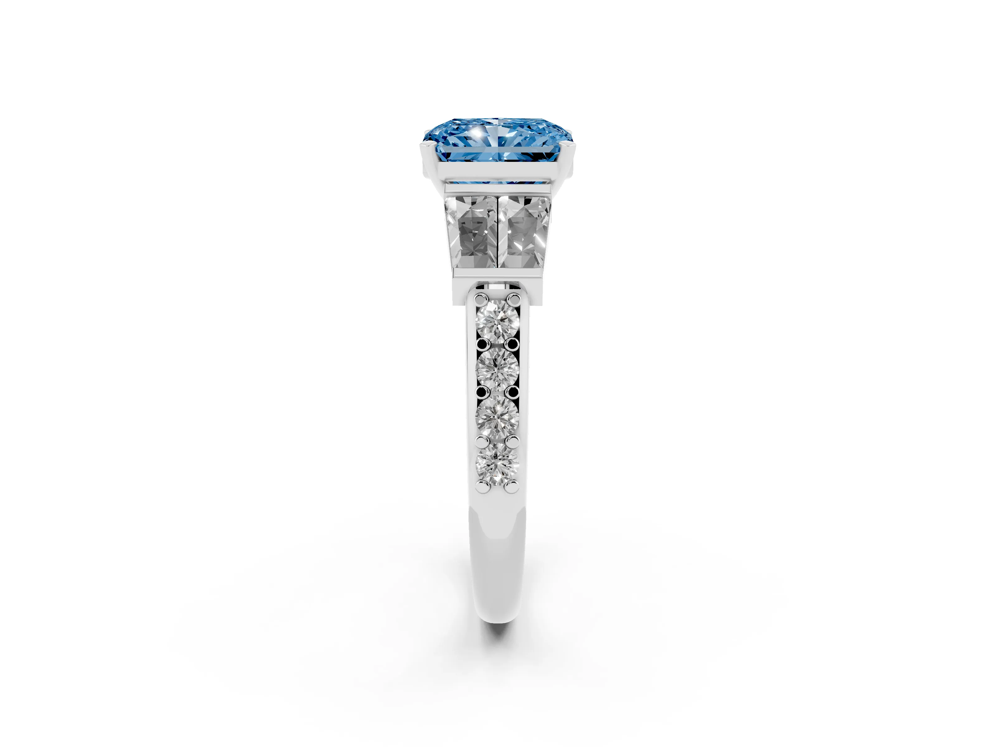 Fancy Blue Radiant Cut Diamond Engagement Ring Set in Silver with Baguette Side Stones and Channel Set Band