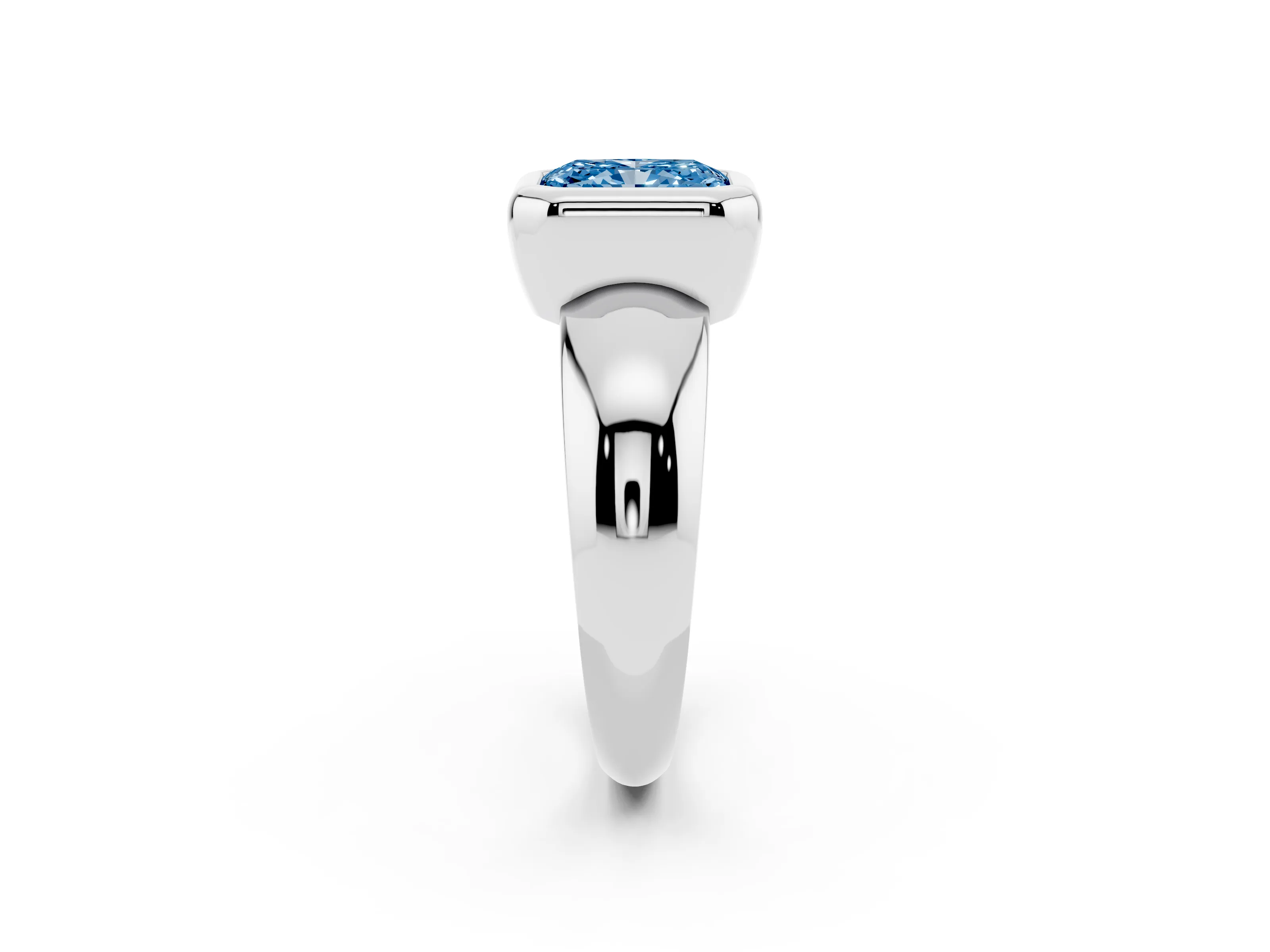Fancy Blue Bezel Set Radiant Cut Diamond Solitaire Ring Set in Silver with Wide Band
