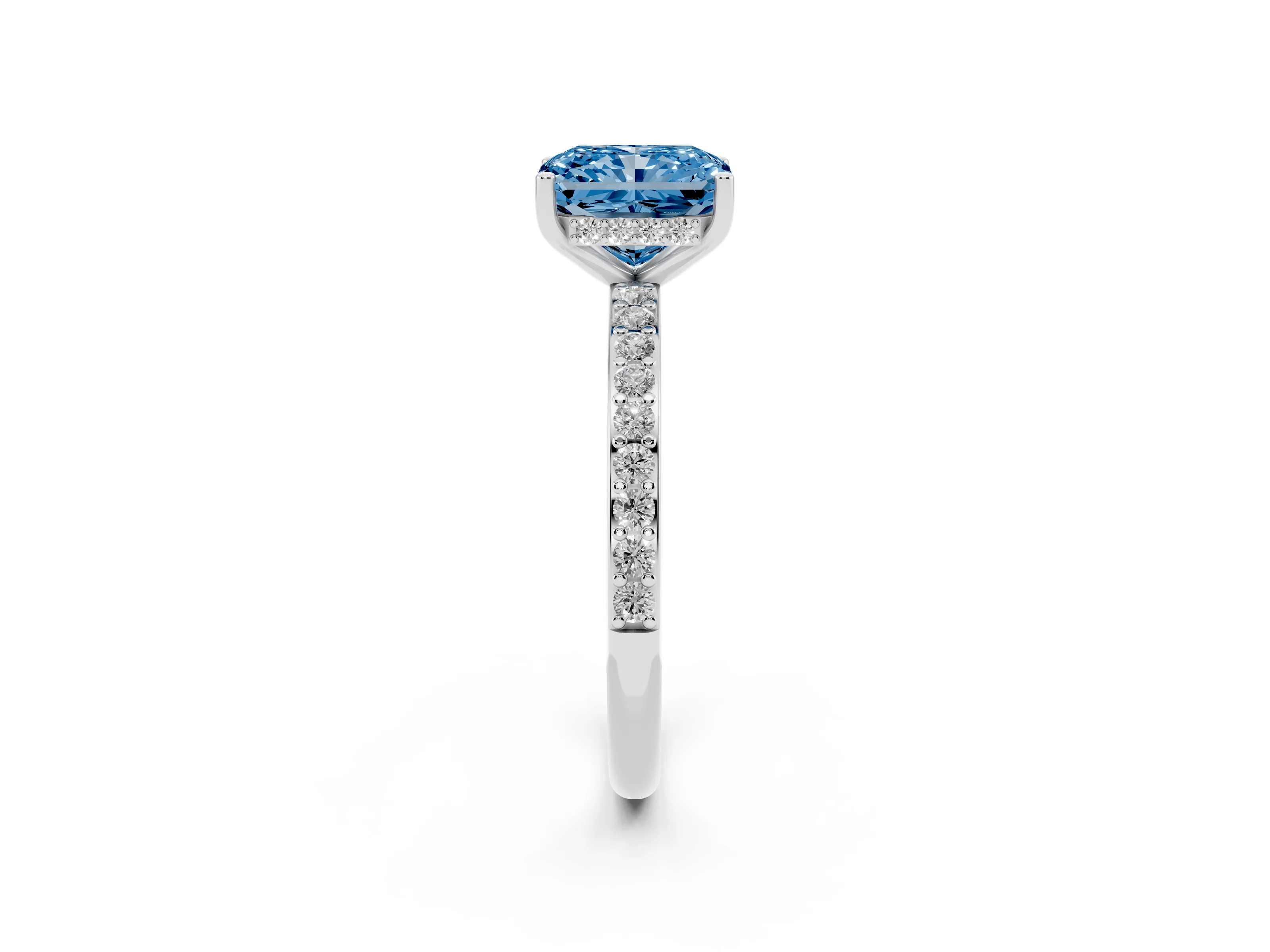 Fancy Blue Radiant Cut Diamond Pavé Band Ring Set in Silver with Prong-Set Center Stone