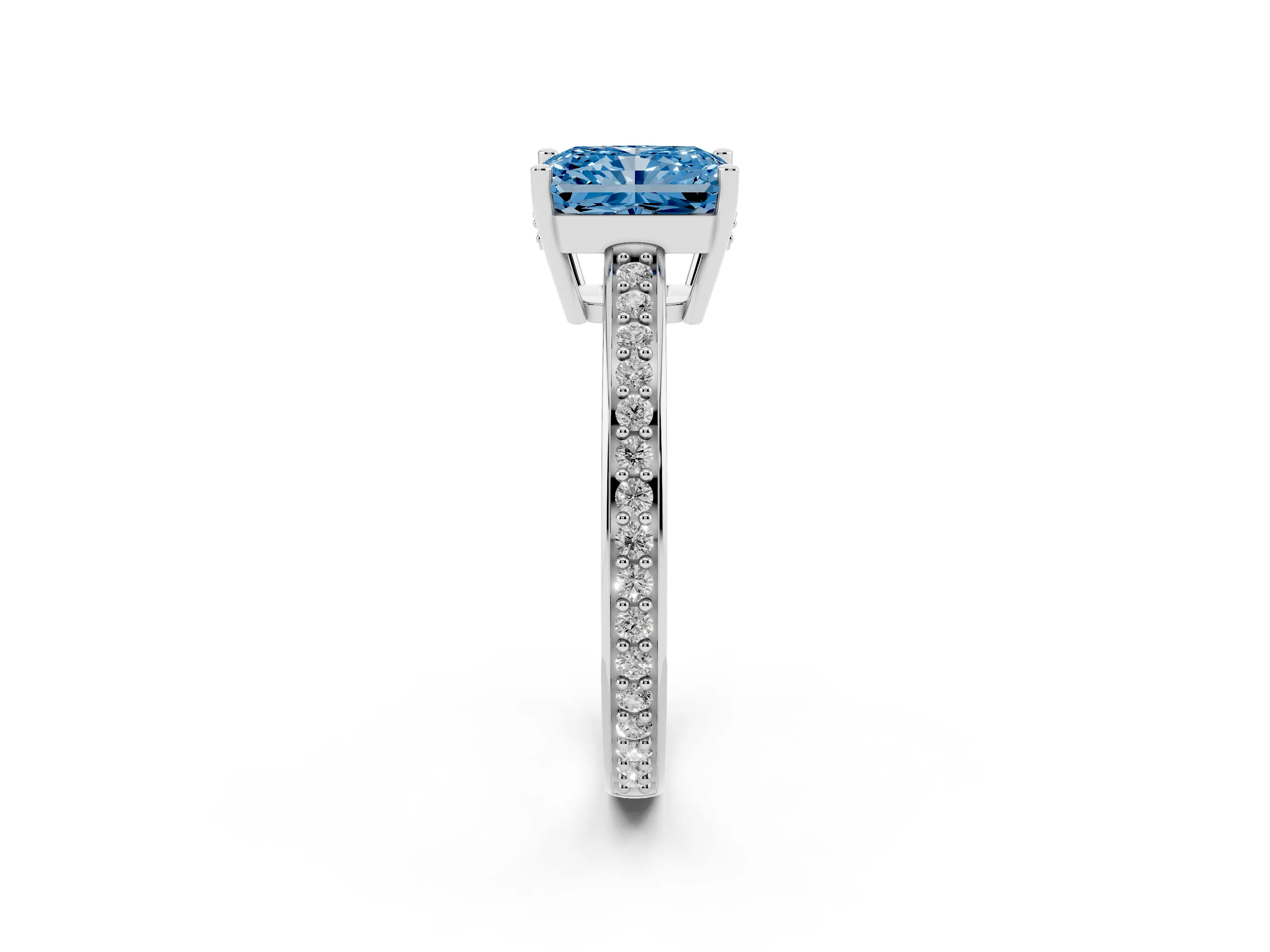 Fancy Blue Radiant Cut Diamond Pavé Band Prong Set Solitaire Ring Set in Silver