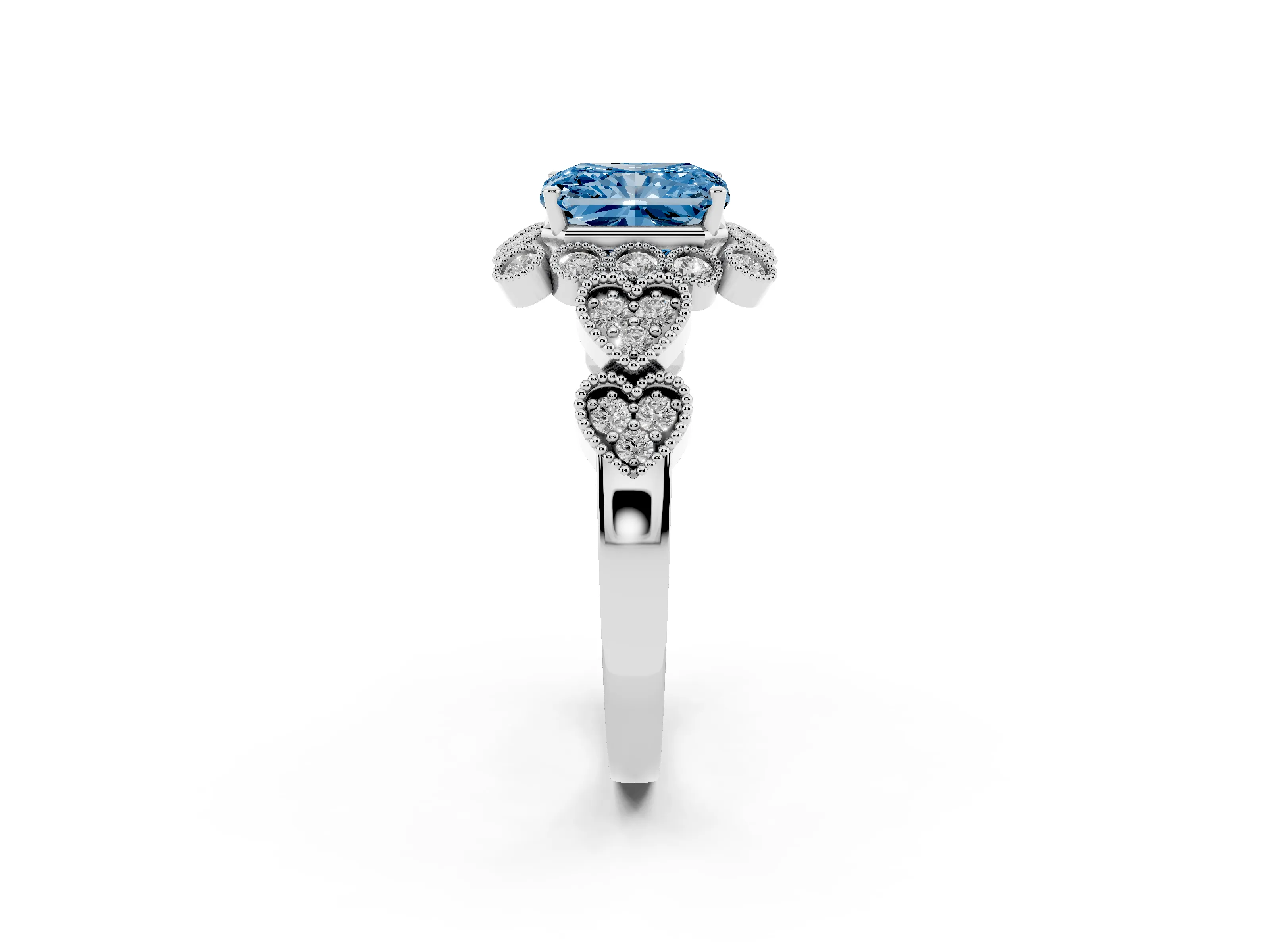 Fancy Blue Radiant Cut Diamond Solitaire Ring Set in Platinum with Milgrain Pavé Heart Band