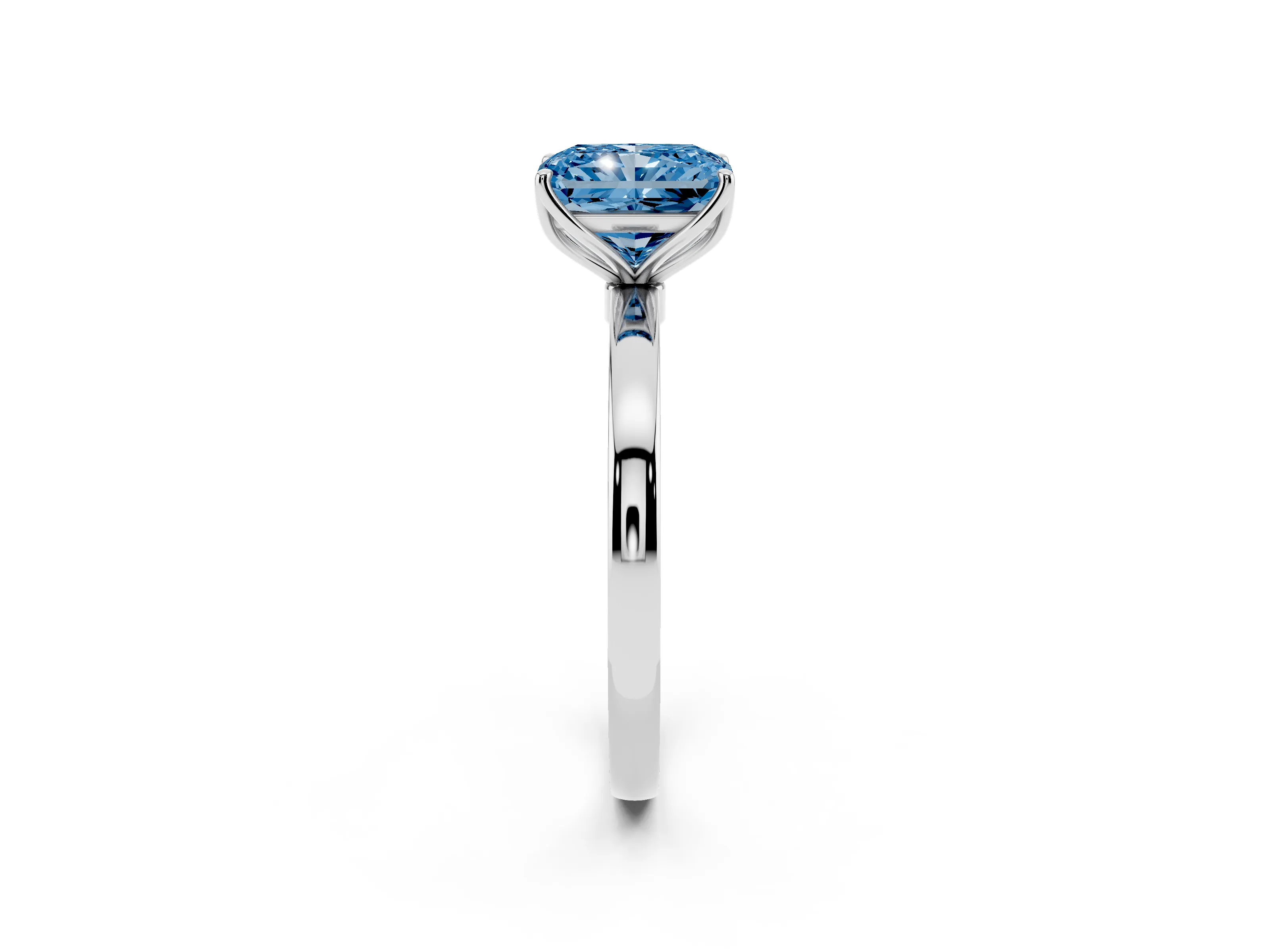 Fancy Blue Radiant Cut Diamond Solitaire Ring Set in White gold with Prong Setting and Thin Polished Band