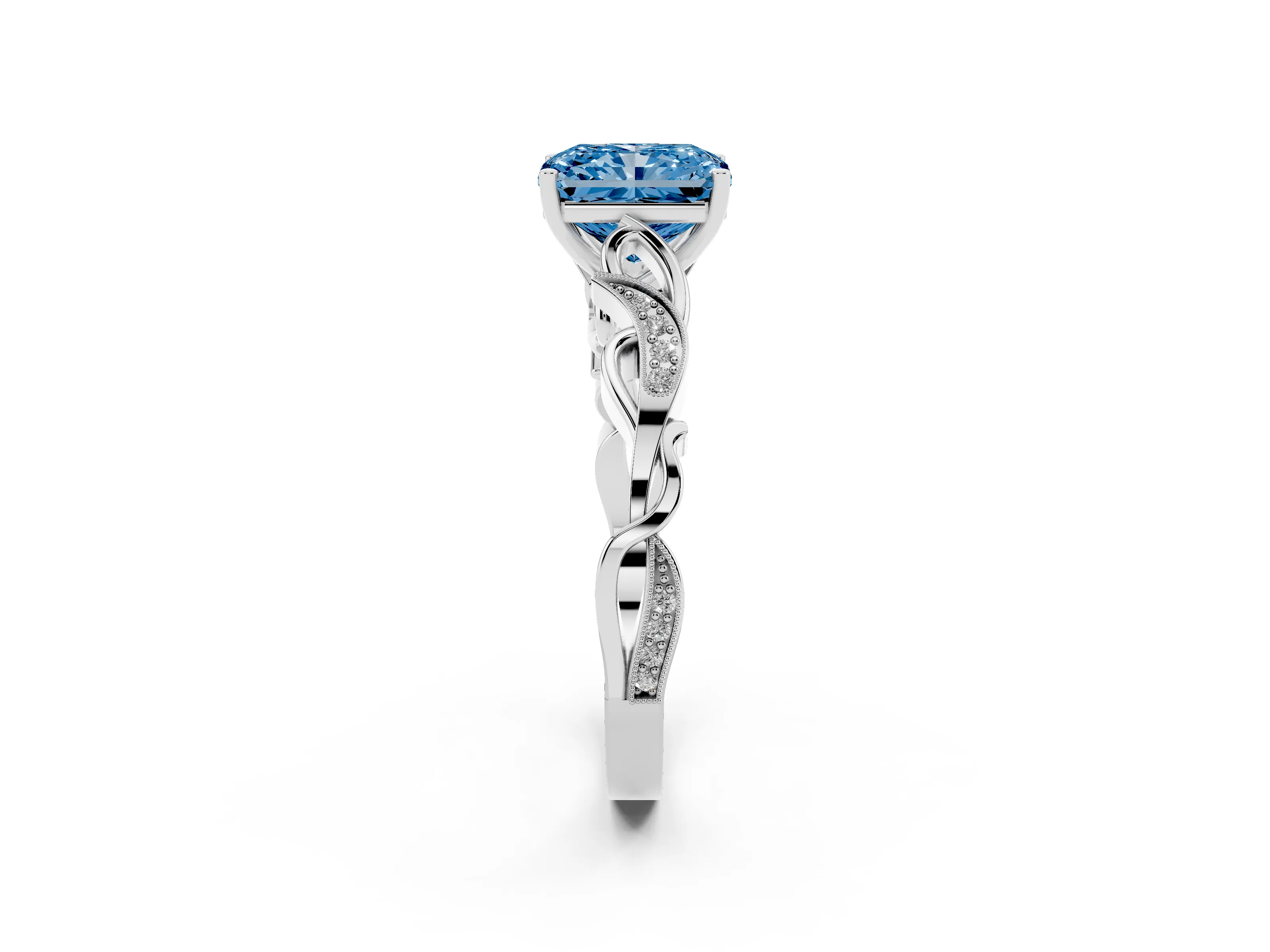 Fancy Blue Radiant Cut Diamond Vine Band Solitaire Ring Set in Platinum with Milgrain Prong Setting