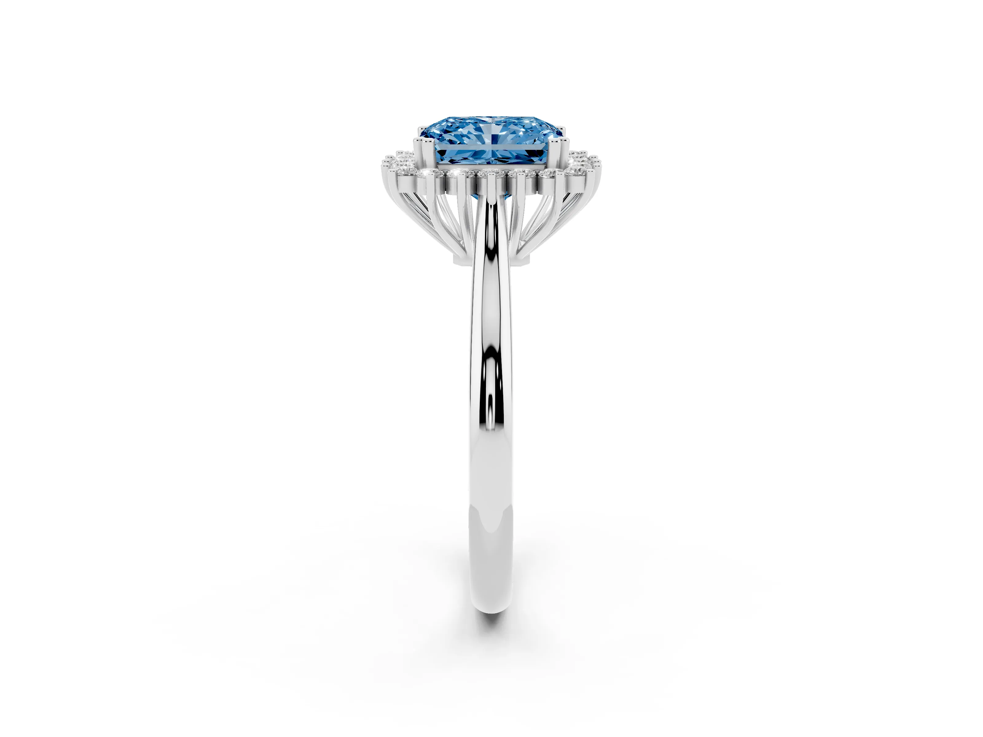 Fancy Blue Radiant Cut Diamond Halo Ring Set in White gold with Plain Solitaire Band and Prong Setting