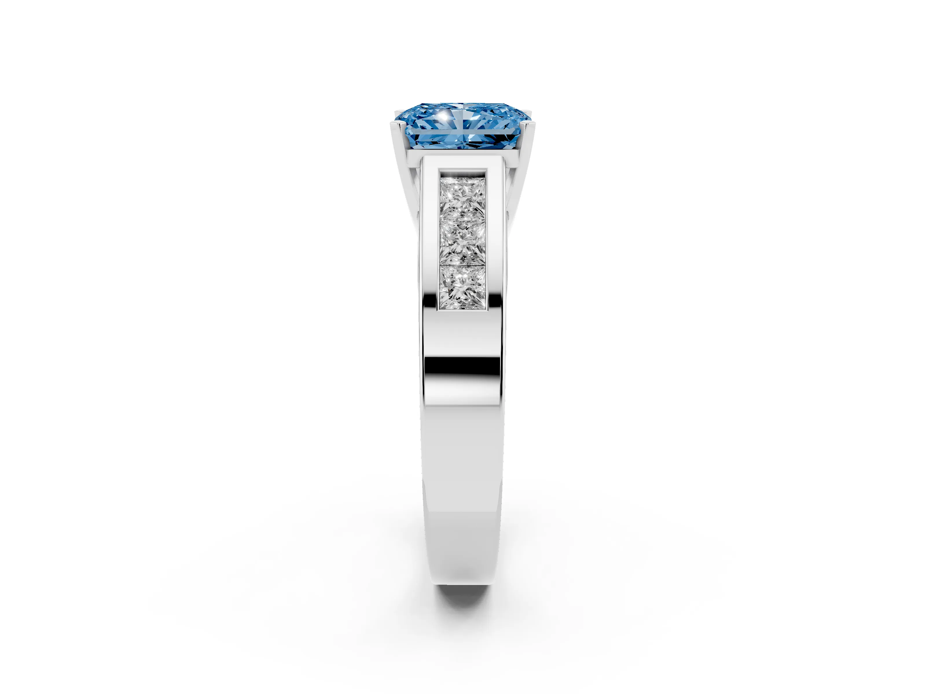 Fancy Blue Radiant Cut Diamond Solitaire Ring Set in Silver with Channel-Set Accent Stones and Prong Setting