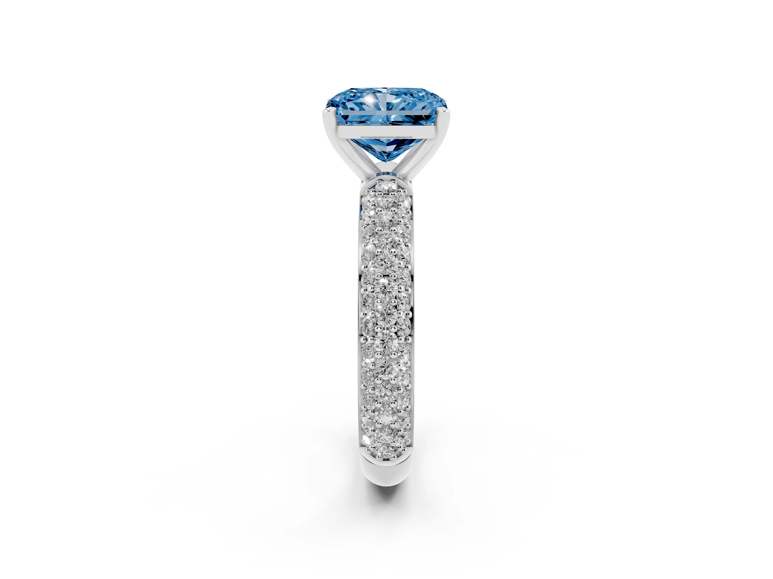 Fancy Blue Radiant Cut Diamond Solitaire Ring Set in Platinum with Prong Setting and Pavé-Set Band