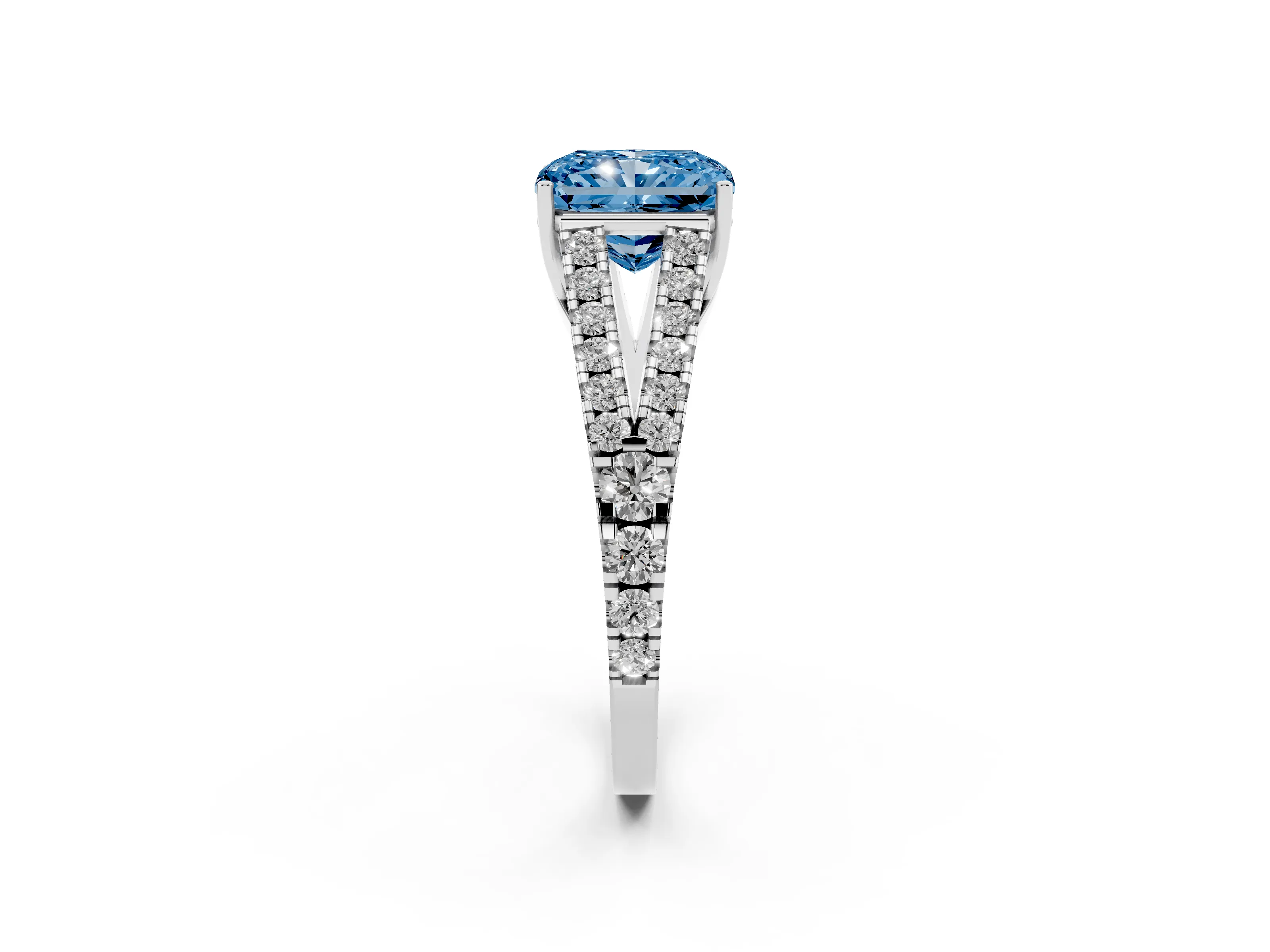 Fancy Blue Radiant Cut Diamond Split Shank Pavé Engagement Ring Set in Platinum with Prong-Held Center Stone