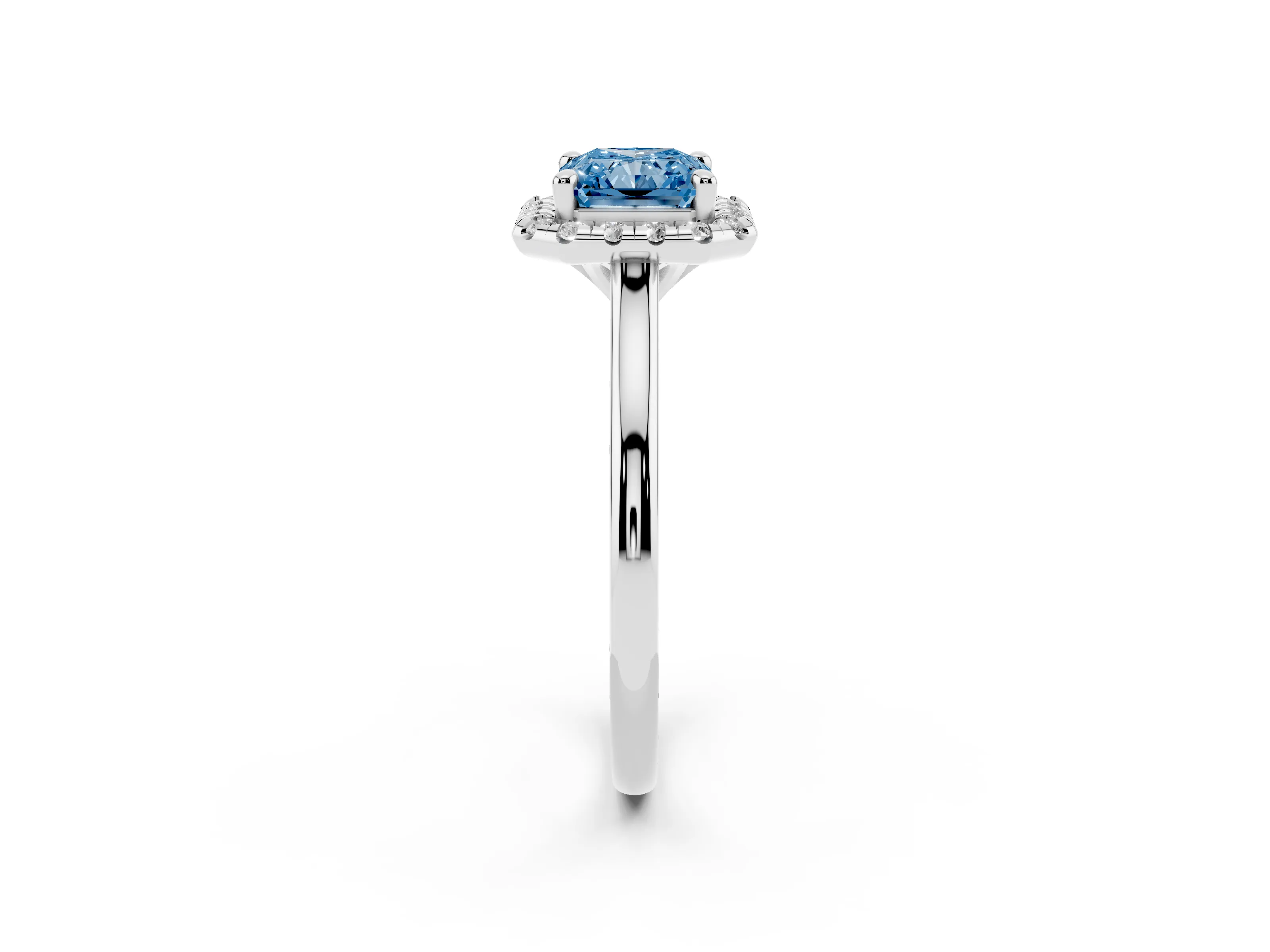 Fancy Blue Radiant Cut Diamond Halo Engagement Ring Set in Silver with Pavé Band and Rising Shoulders
